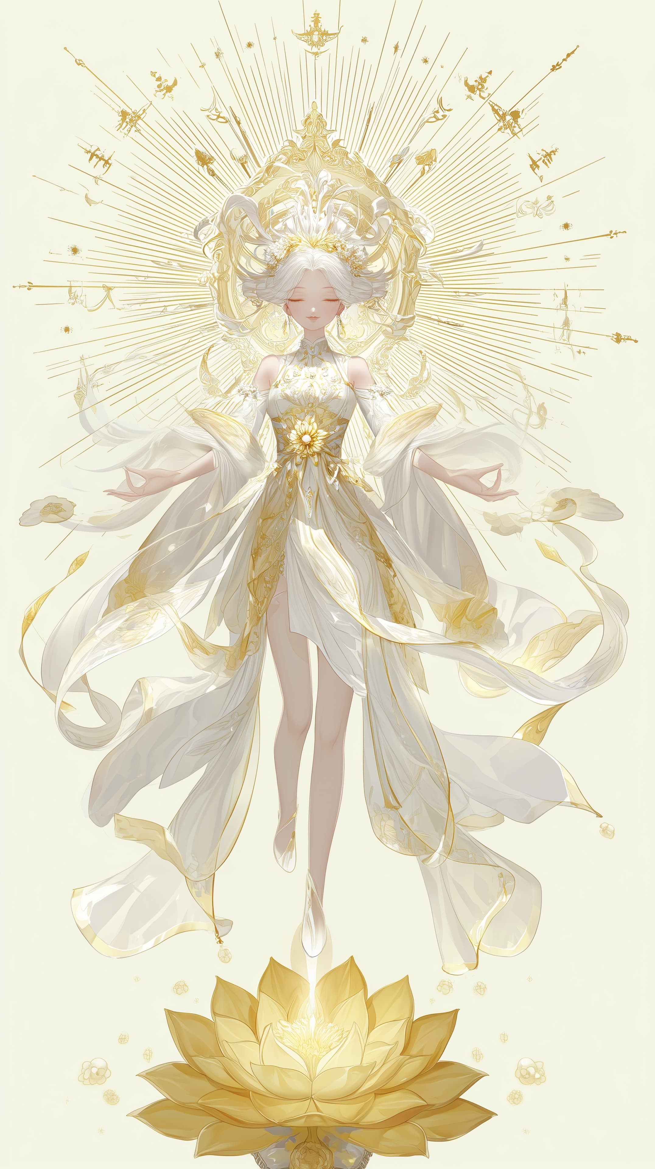 Celestial Goddess in Ivory and Gold with Radiant Halo - High Resolution celestial Wallpaper for Mobile and Desktop