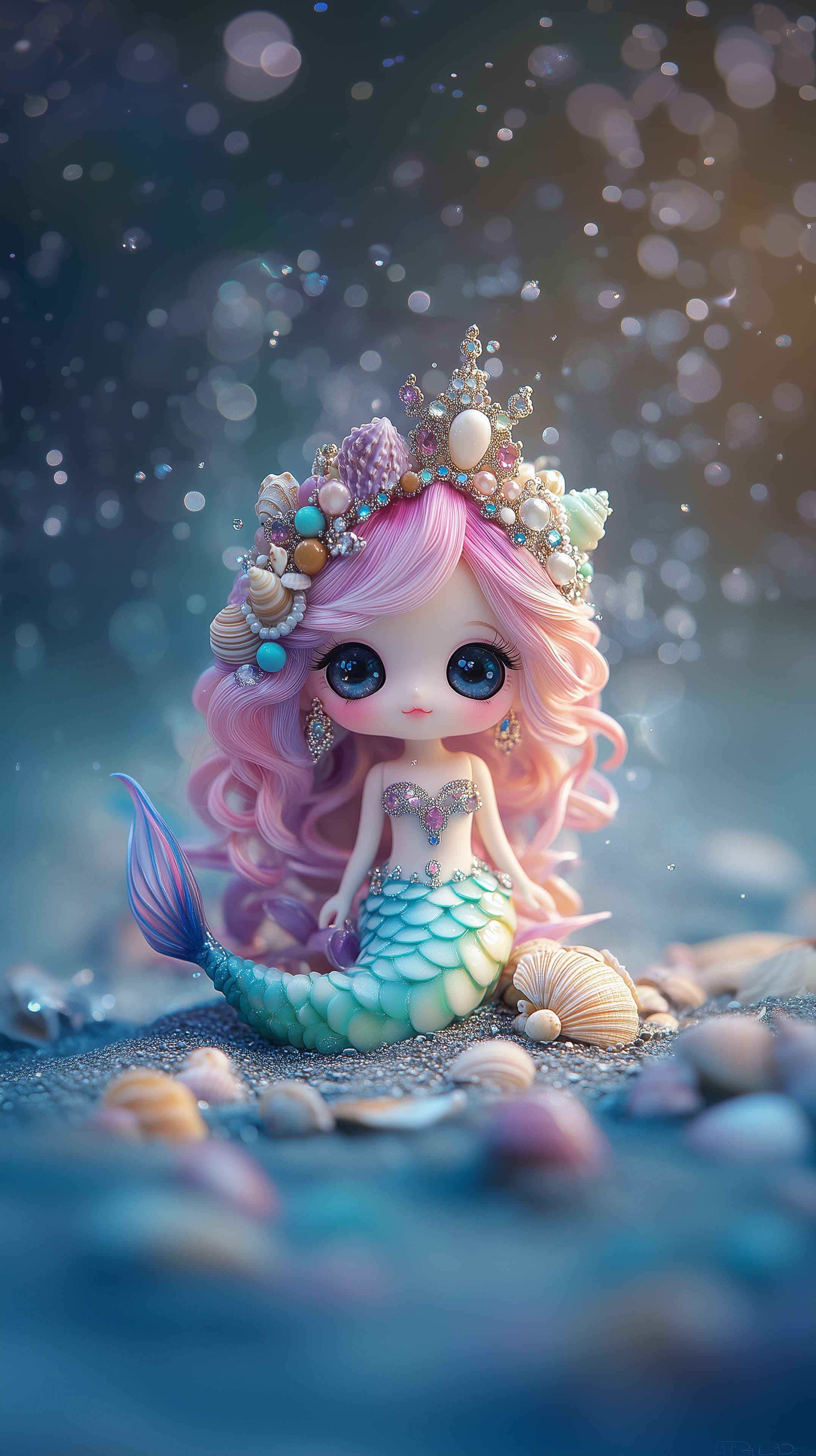 Pastel Mermaid Doll with Jewel Crown - Dreamy Undersea Scene - High Resolution bokeh-lights Wallpaper for Mobile and Desktop