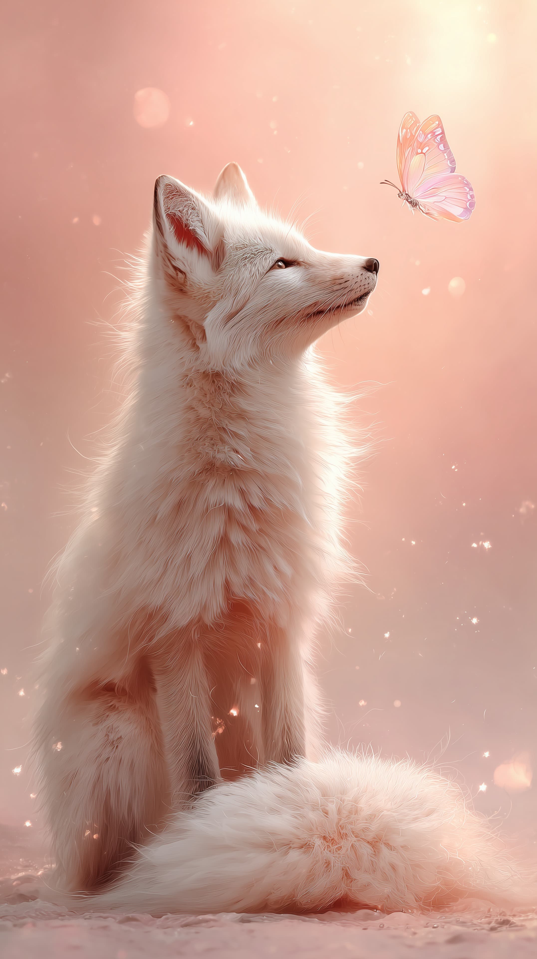 Soft Pink Glow: White Fox with Butterfly Wallpaper - High Resolution butterfly Wallpaper for Mobile and Desktop