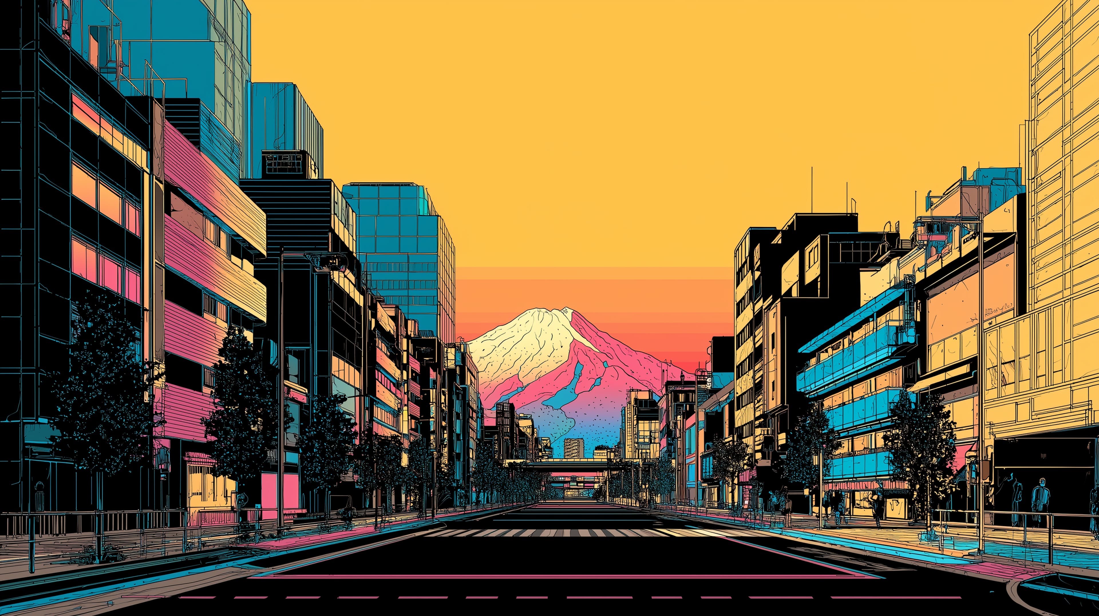 Neon City Street at Sunset with Mountain Backdrop Artwork - High Resolution cityscape Wallpaper for Mobile and Desktop