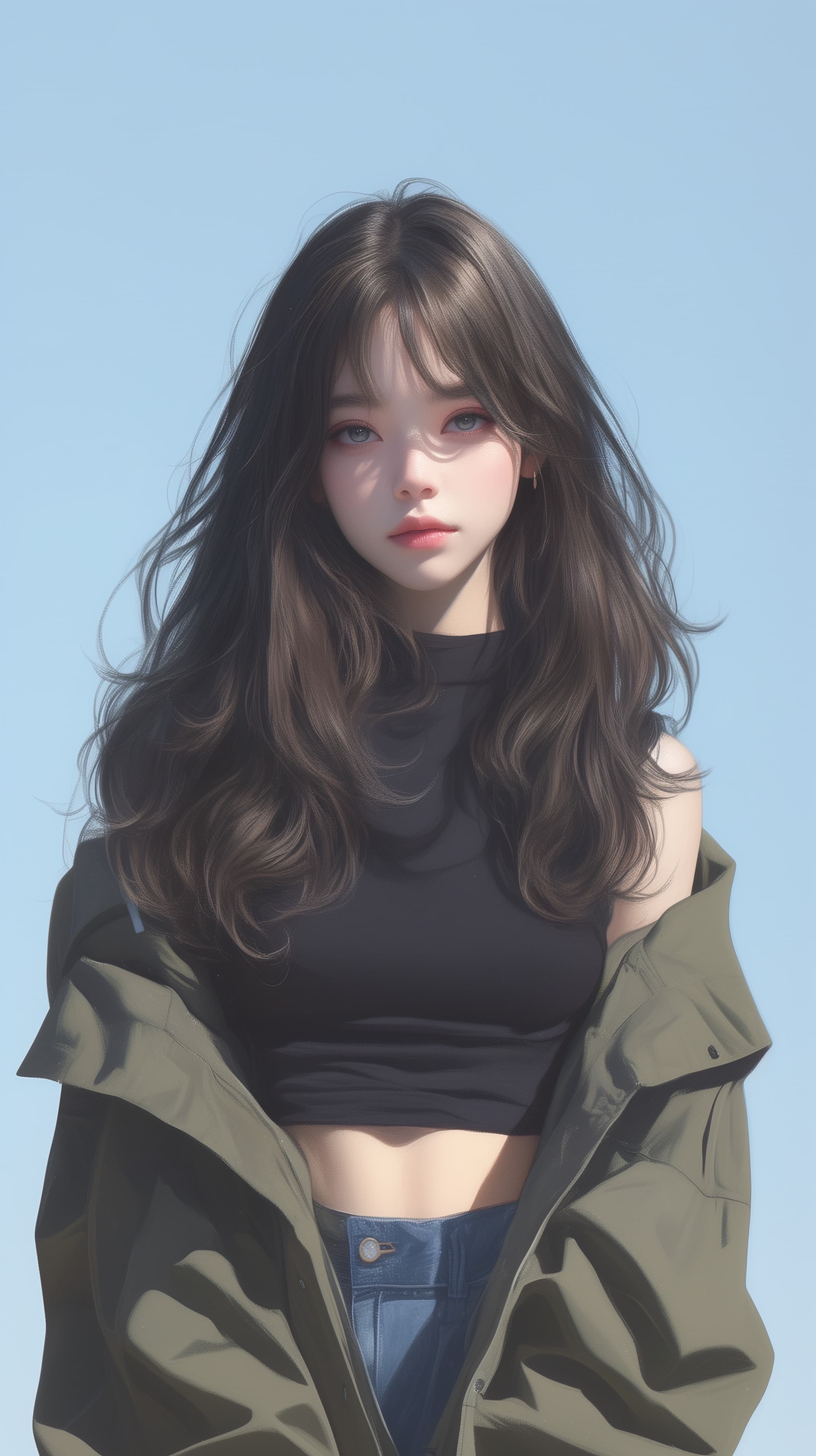 Soft Portrait of a Young Woman Under a Clear Sky Fashionably Styled - High Resolution black-crop-top Wallpaper for Mobile and Desktop