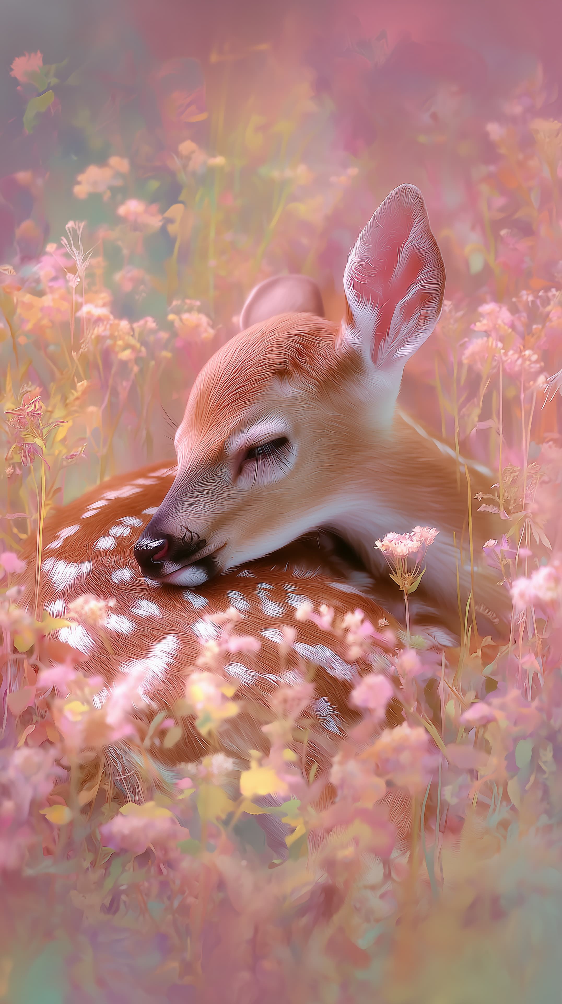 Dreamy Pink Meadow: Sleeping Fawn Under Soft Spring Light Wallpaper - High Resolution calm-background Wallpaper for Mobile and Desktop