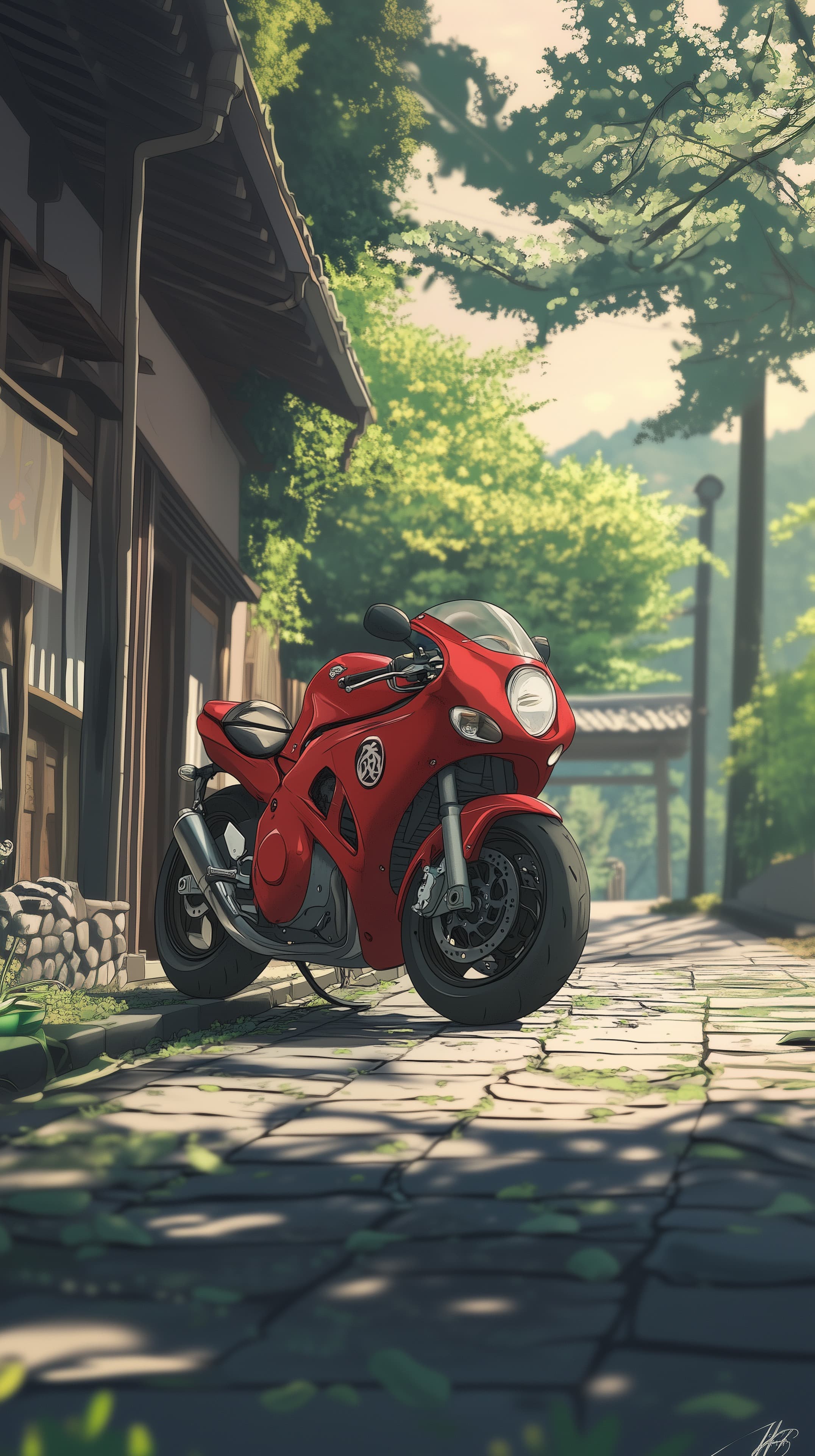 Red Sport Motorcycle on a Sunlit Cobblestone Village Street - High Resolution red-motorcycle Wallpaper for Mobile and Desktop
