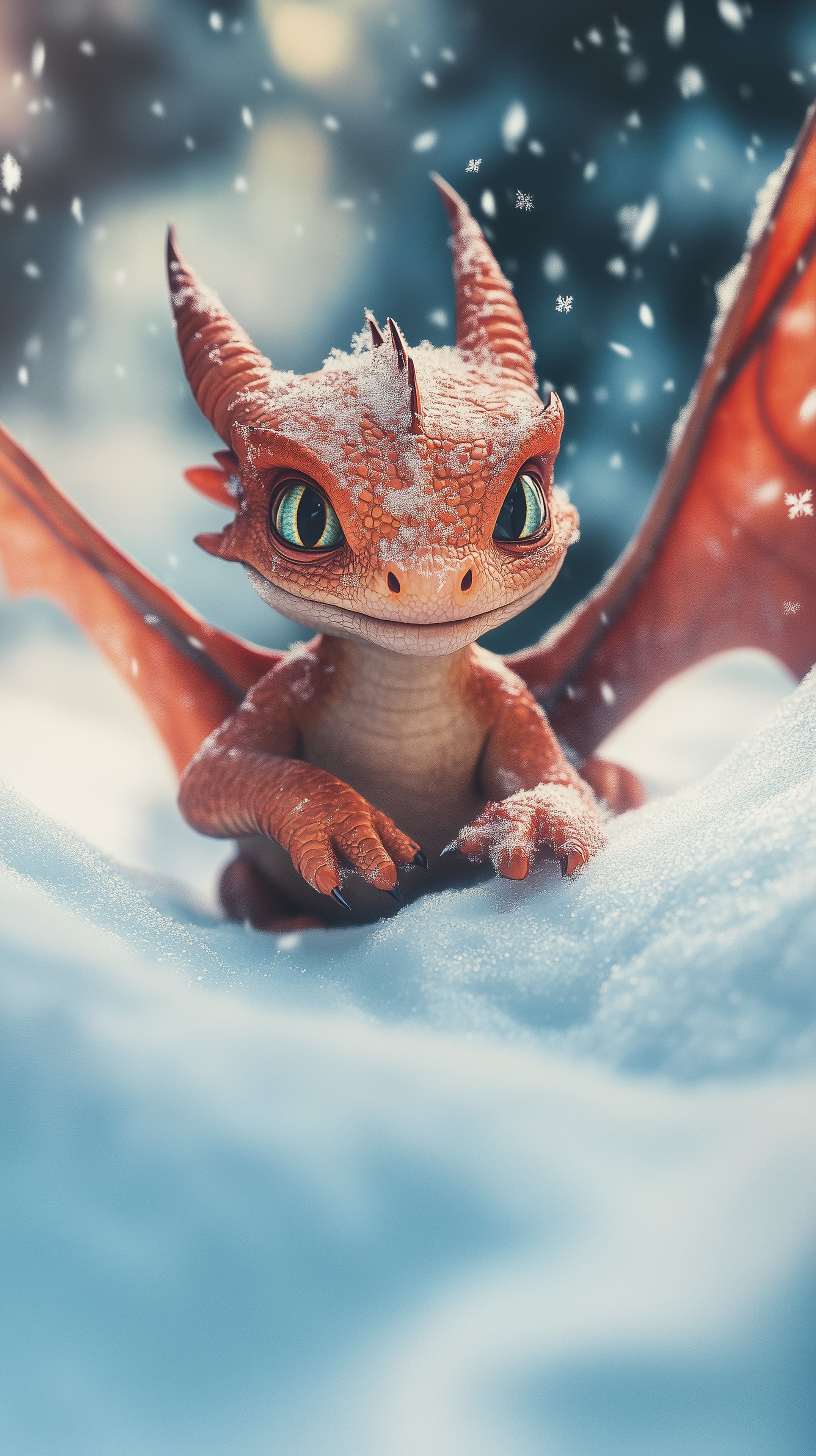 Whimsical Red Dragon Cub in a Snowy Winter Wonderland - High Resolution 3d-art Wallpaper for Mobile and Desktop