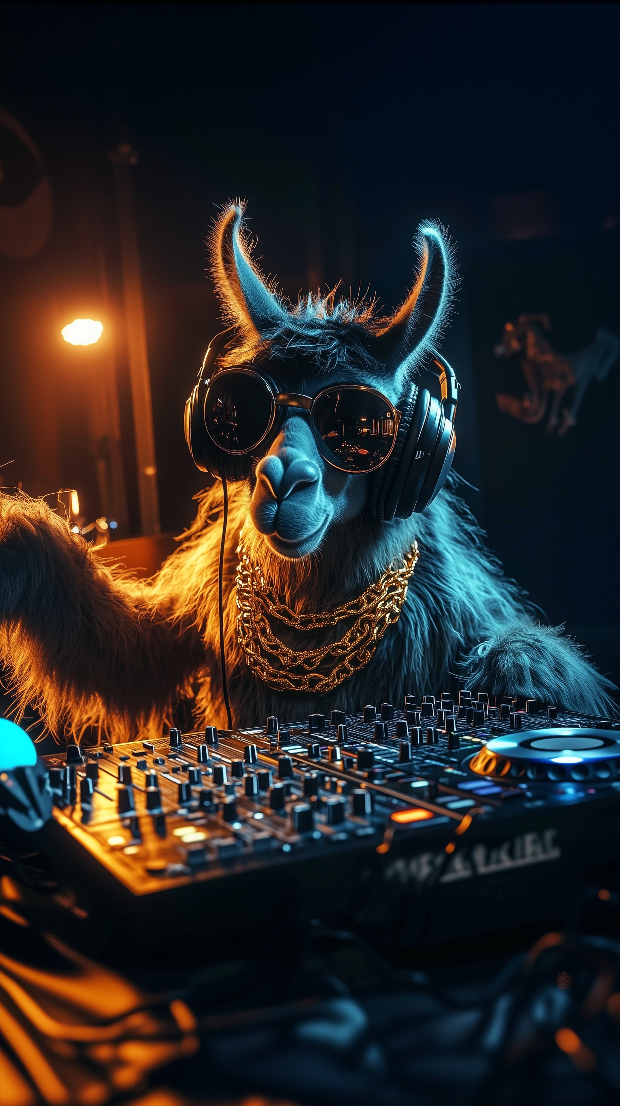 Neon DJ Llama: Nightlife Anthem in Colorful Glow Vibes - High Resolution anthropomorphic-animal Wallpaper for Mobile and Desktop