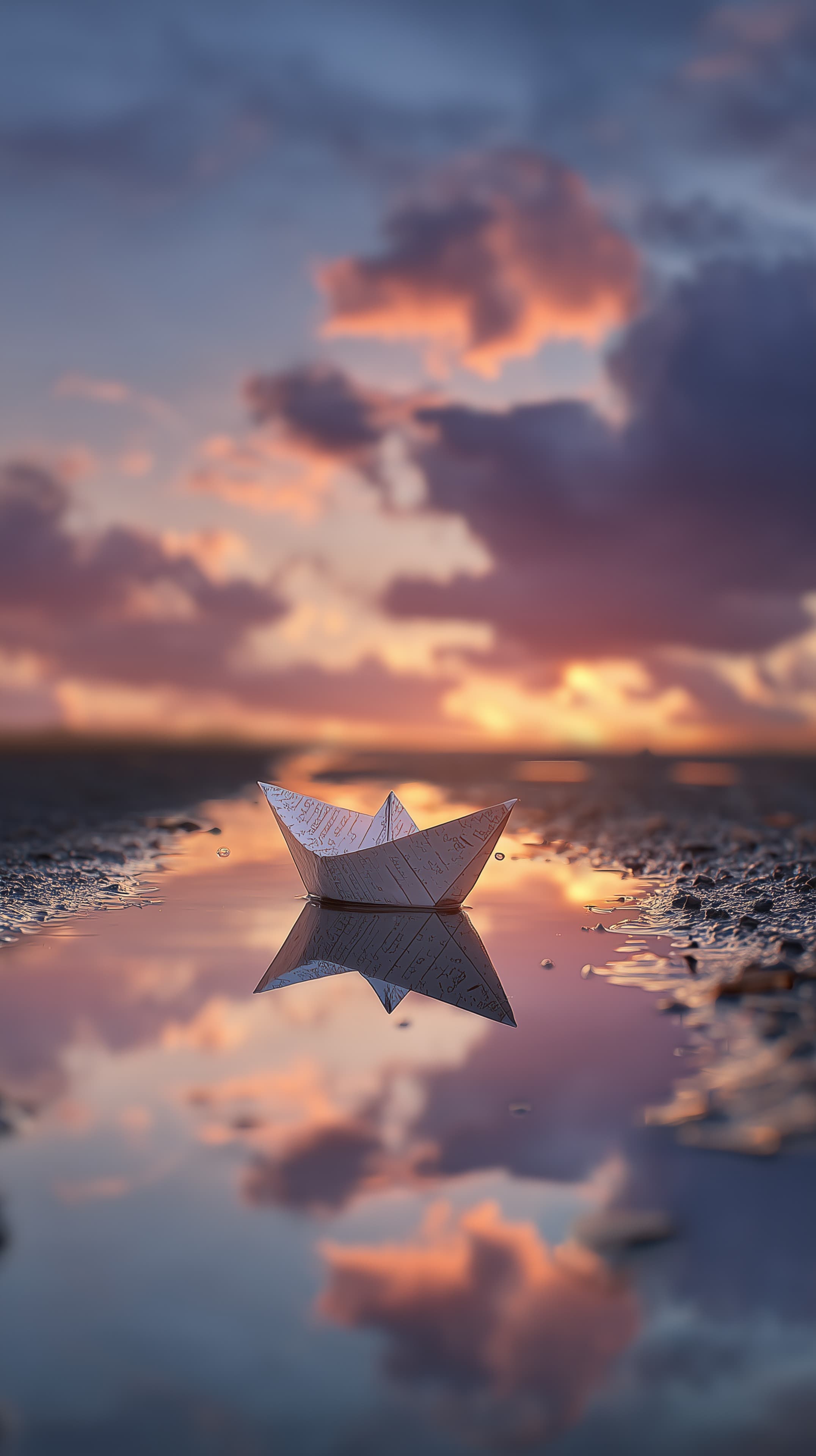 Pastel Sunset Origami Boat on Calm Reflective Water - High Resolution calm Wallpaper for Mobile and Desktop