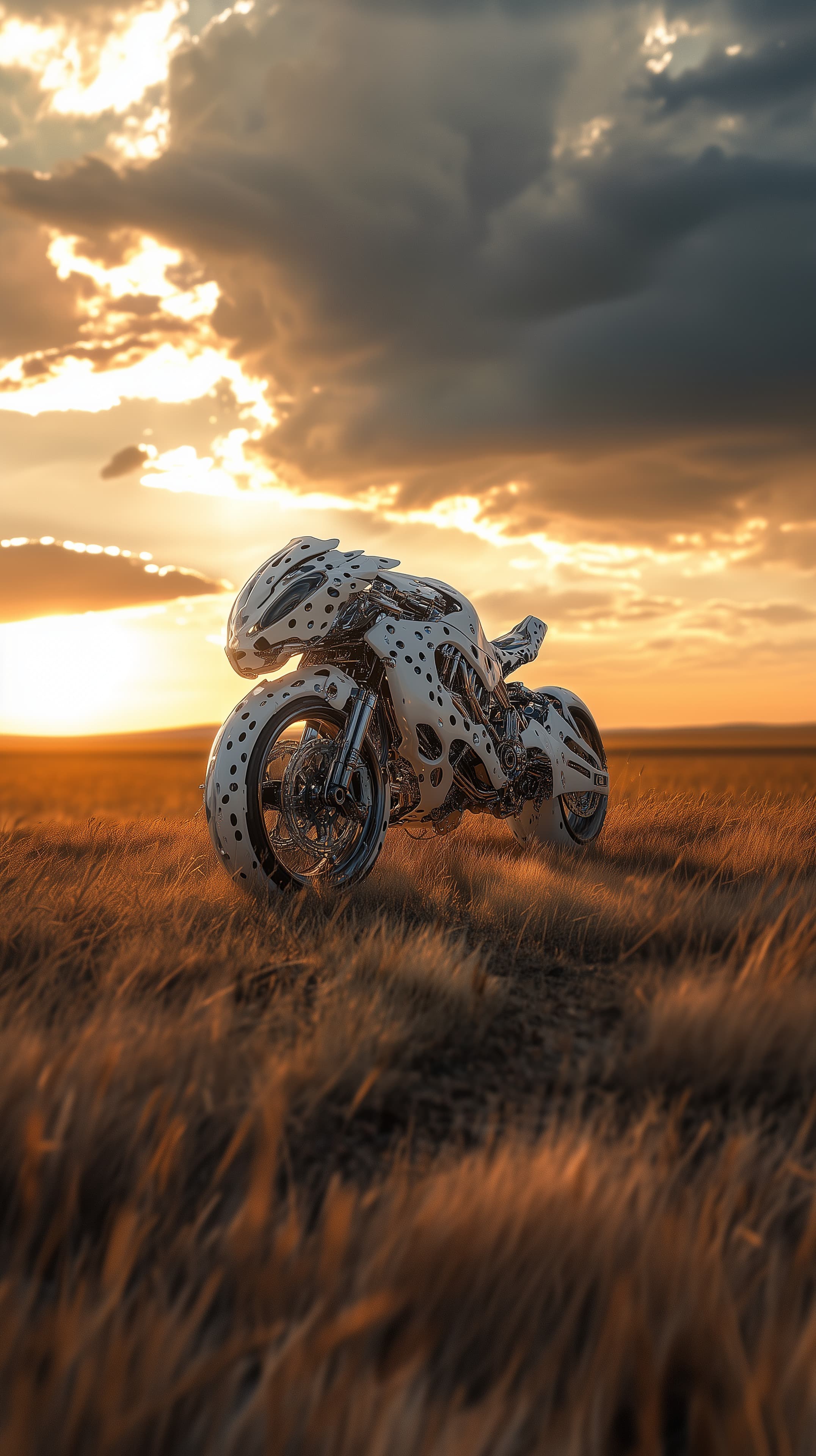 Futuristic perforated motorcycle at golden sunset field - High Resolution 3d-artwork Wallpaper for Mobile and Desktop