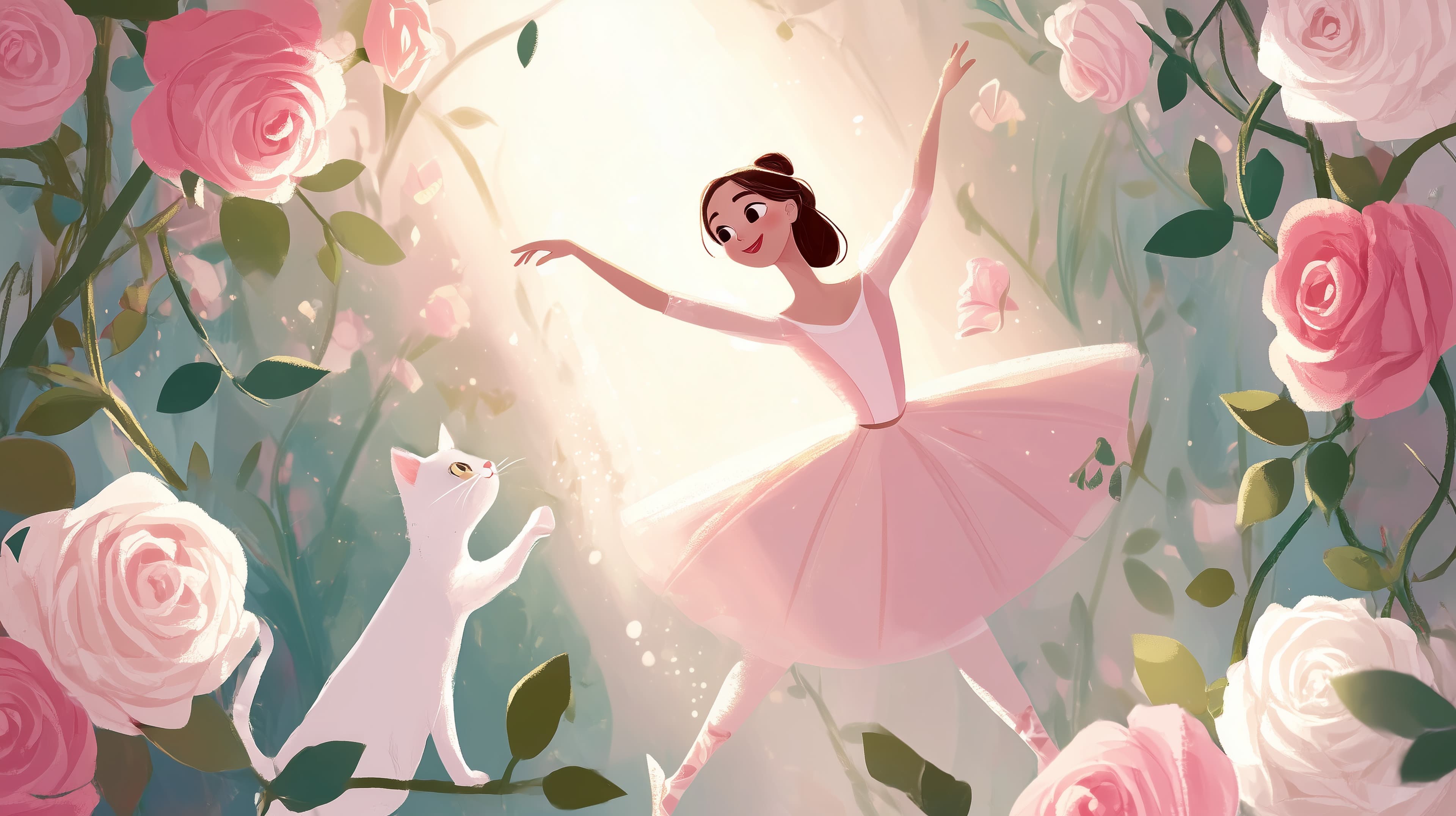 Whimsical Ballet in a Rose Garden Dreamscape Illustration - High Resolution ballet Wallpaper for Mobile and Desktop