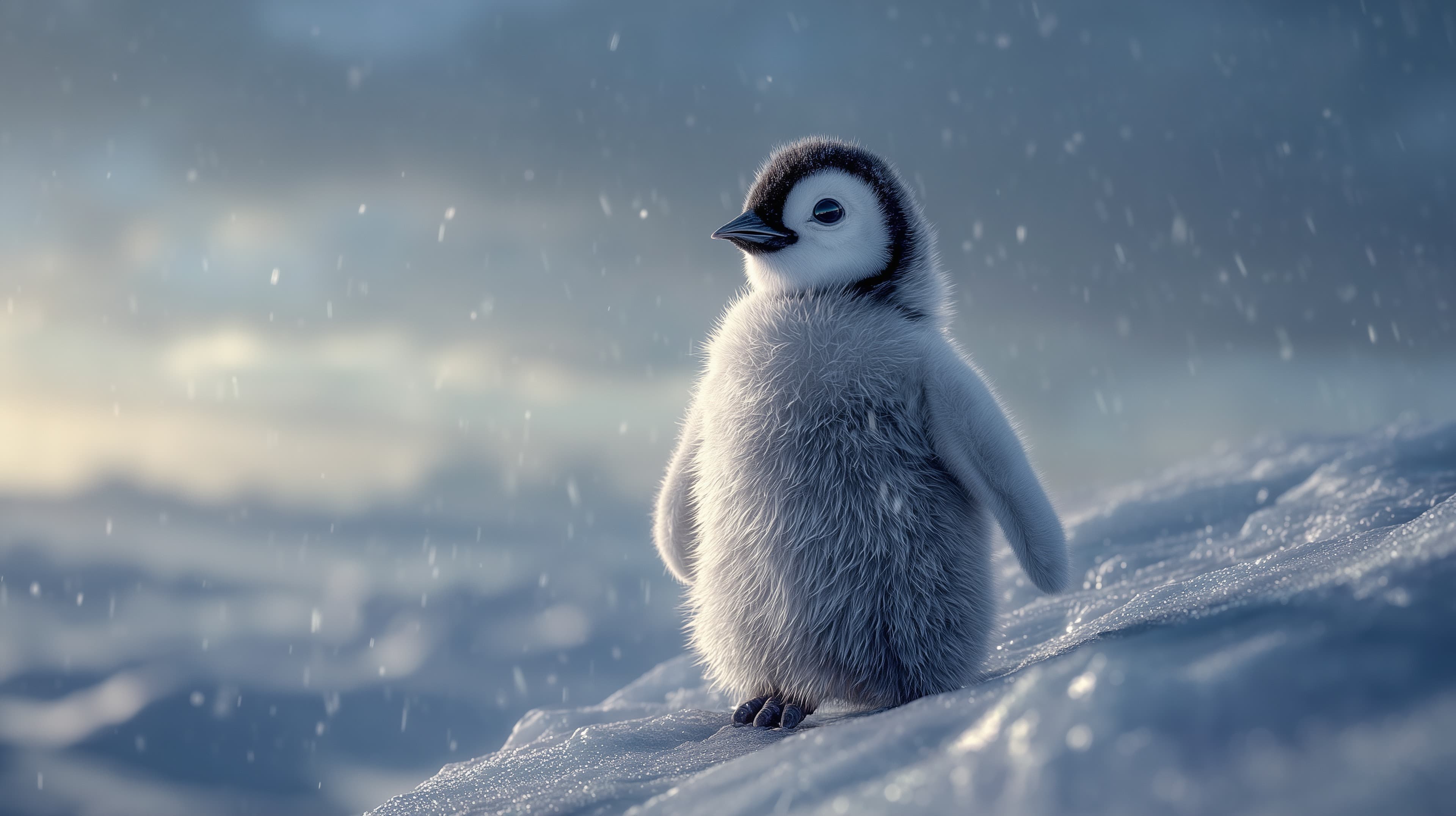 Adorable Penguin Chick on Icy Ridge Under Gentle Snow Flakes at Dawn - High Resolution penguin-chick Wallpaper for Mobile and Desktop