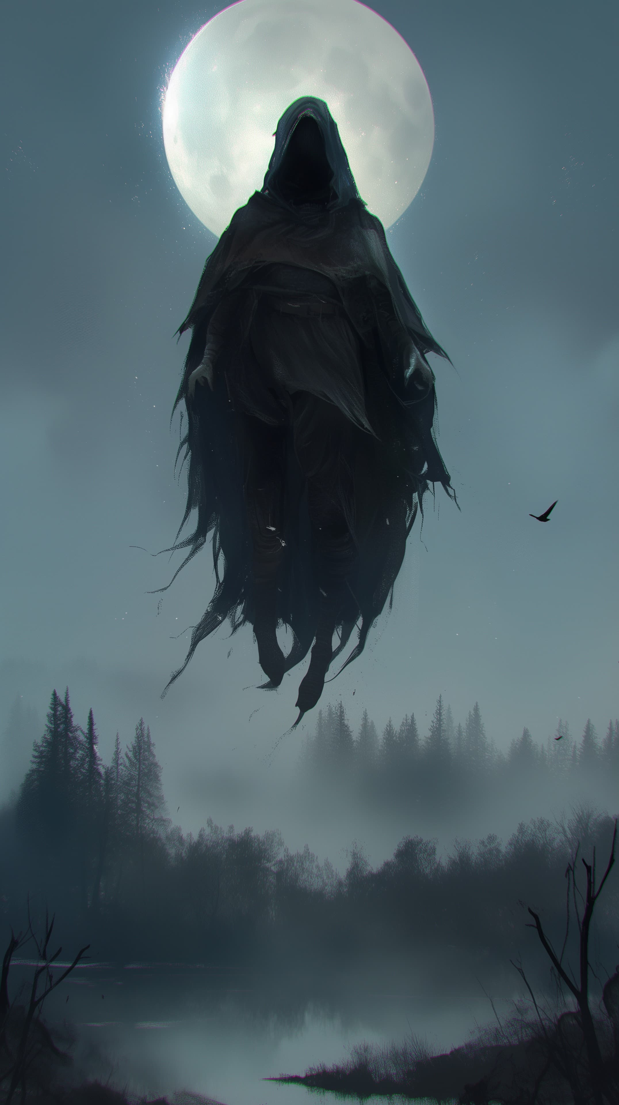 Moonglow Specter: Hooded Figure Over Foggy Forest at Night - High Resolution dark-atmosphere Wallpaper for Mobile and Desktop