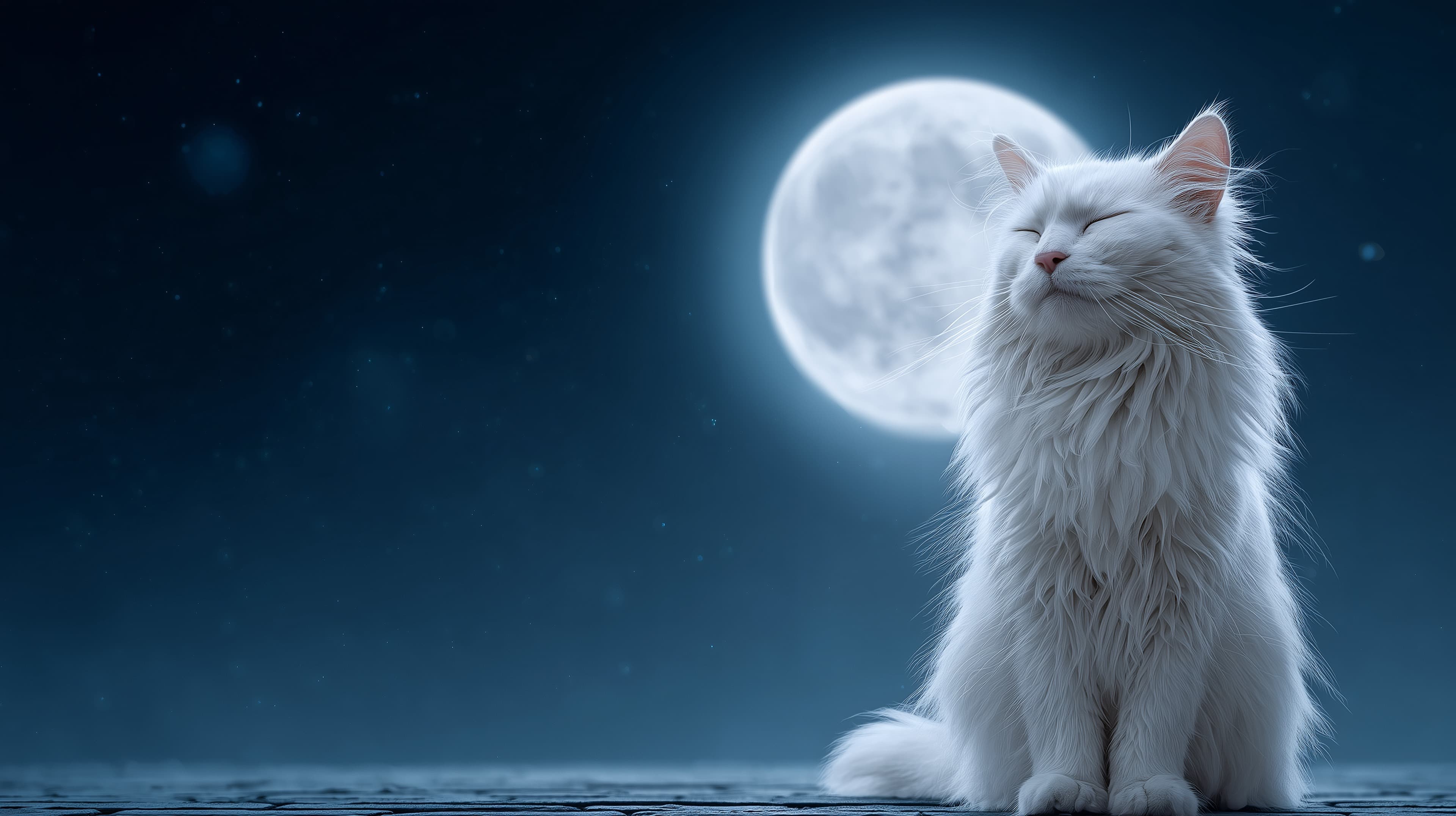 Moonlit Night Cat Wallpaper: Serene White Feline Under Full Moon - High Resolution calm-atmosphere Wallpaper for Mobile and Desktop