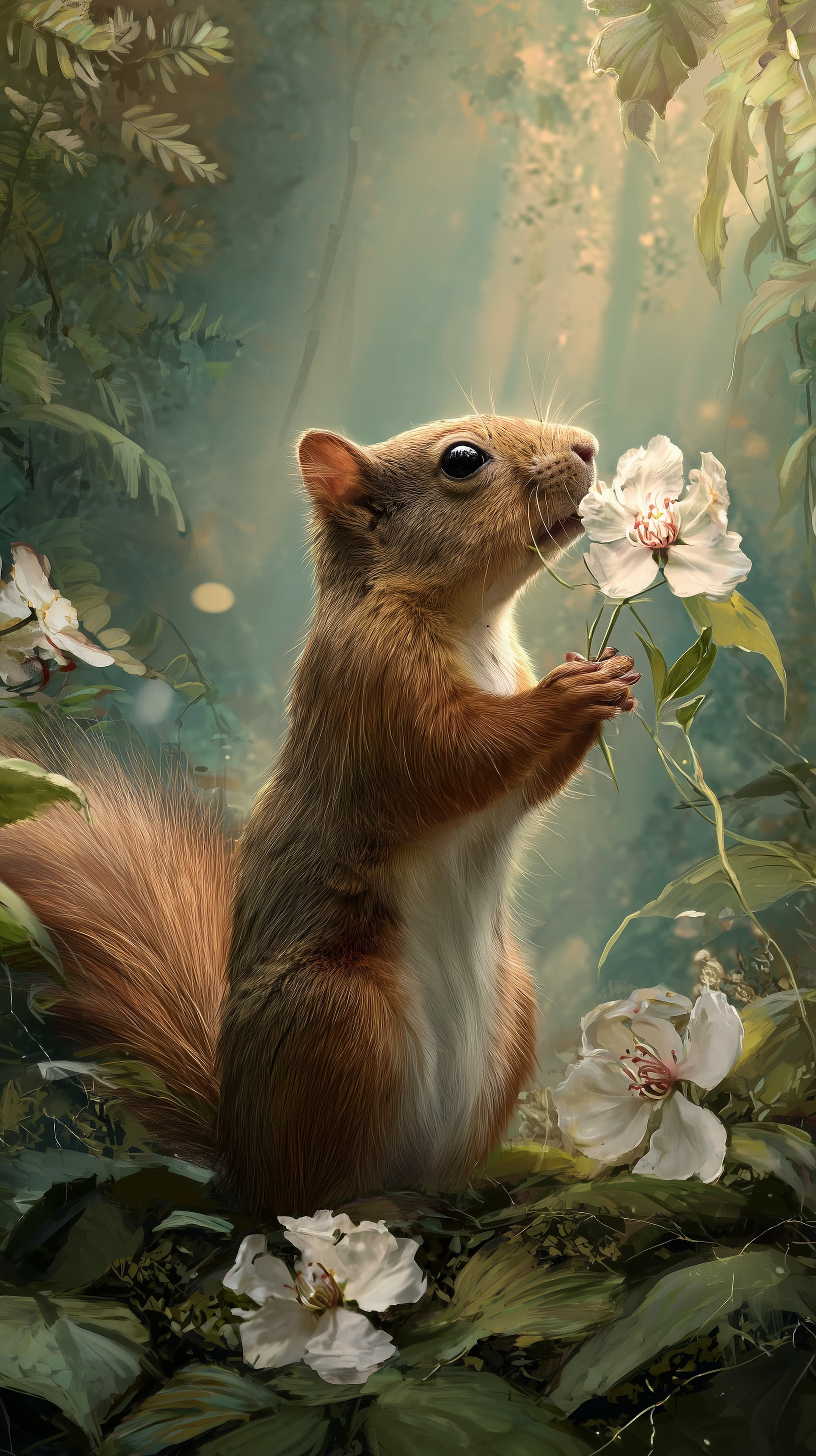 Whimsical Squirrel Breathing in Forest Light Among Flowers - High Resolution cute-animal Wallpaper for Mobile and Desktop