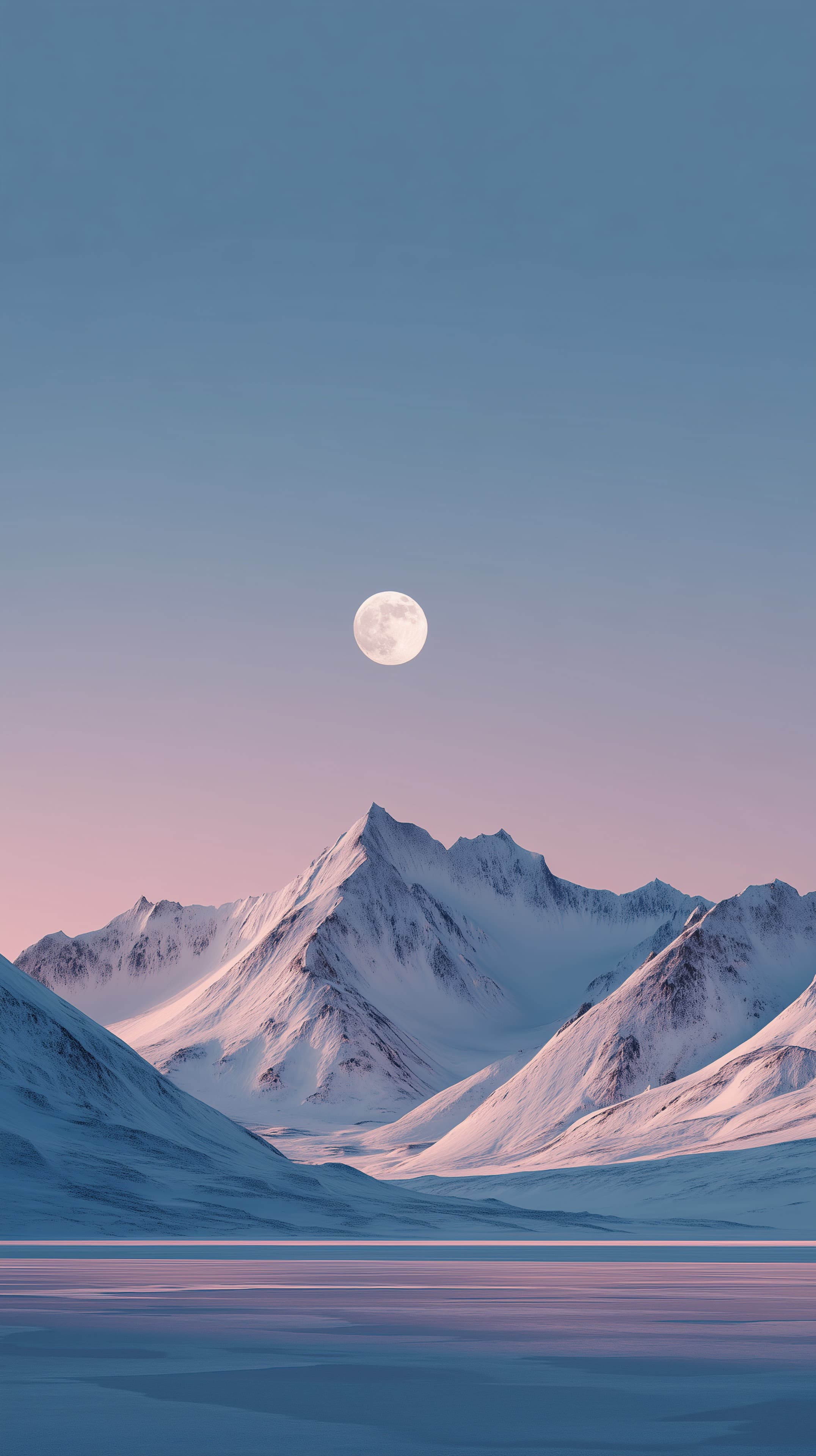 Tranquil Snowy Mountain Moonrise Wallpaper with Pastel Sky - High Resolution alpine-lake Wallpaper for Mobile and Desktop