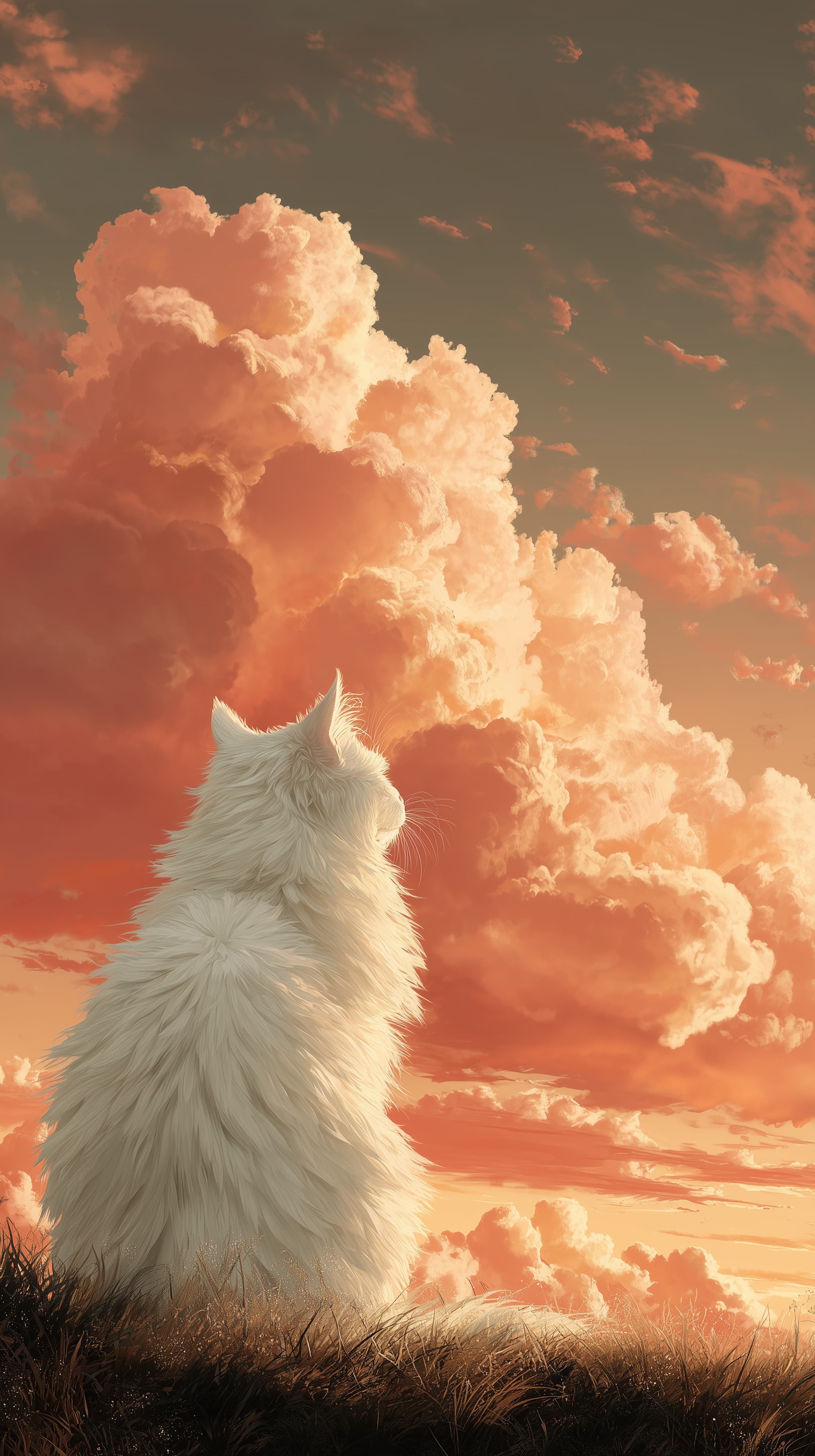 Whimsical sunset cat in fluffy fur wallpaper with warm clouds - High Resolution cat Wallpaper for Mobile and Desktop