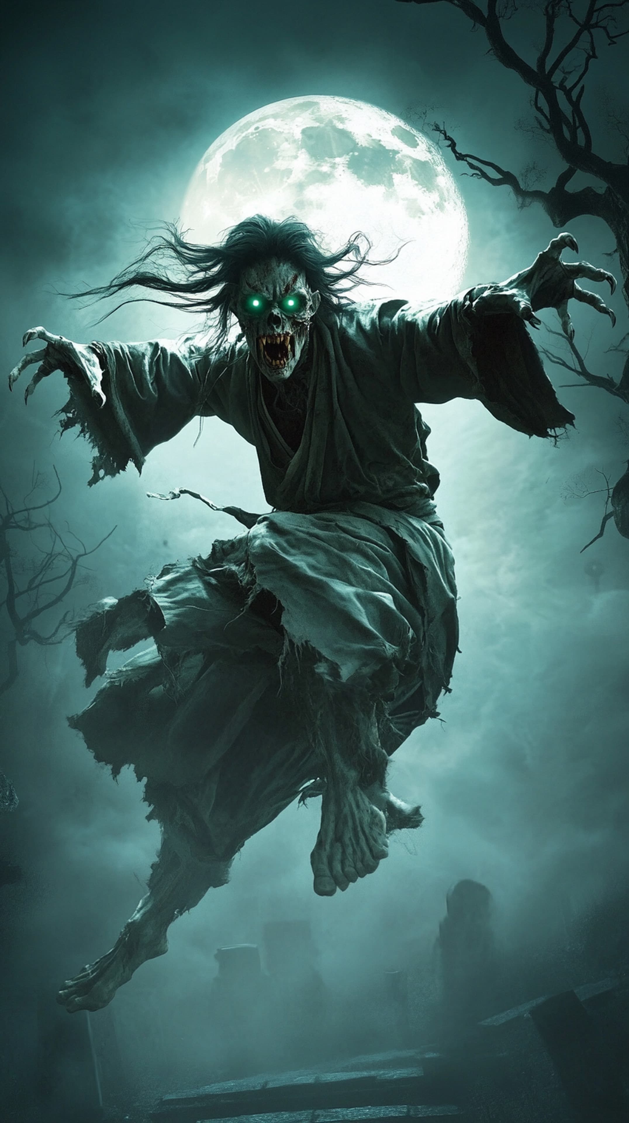 Moonlit Ghostly Warrior in Haunting Cemetery Under Full Moon - High Resolution moonlit Wallpaper for Mobile and Desktop
