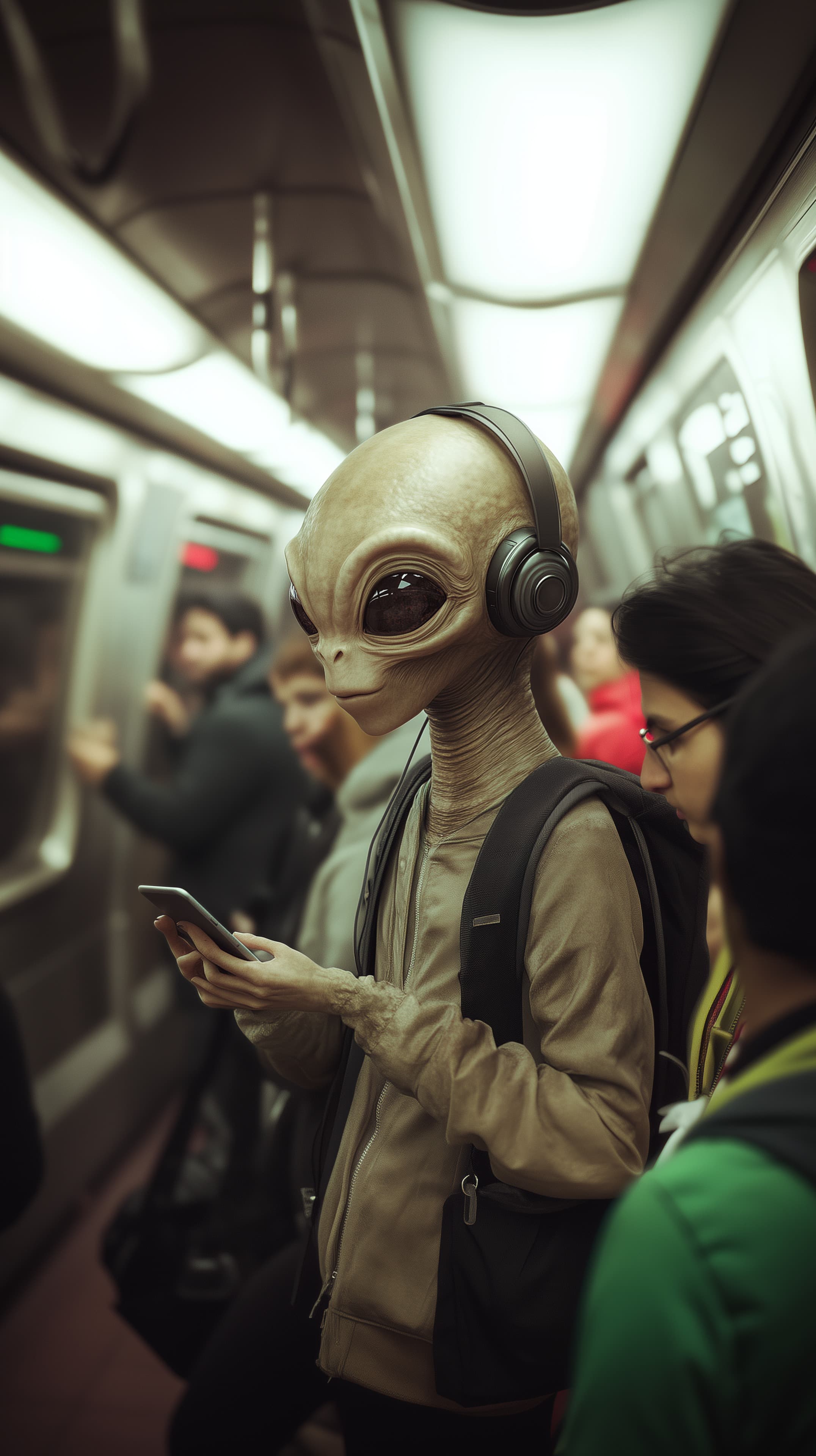 Futuristic Alien on Subway with Headphones - Sci-Fi Wallpaper - High Resolution alien Wallpaper for Mobile and Desktop