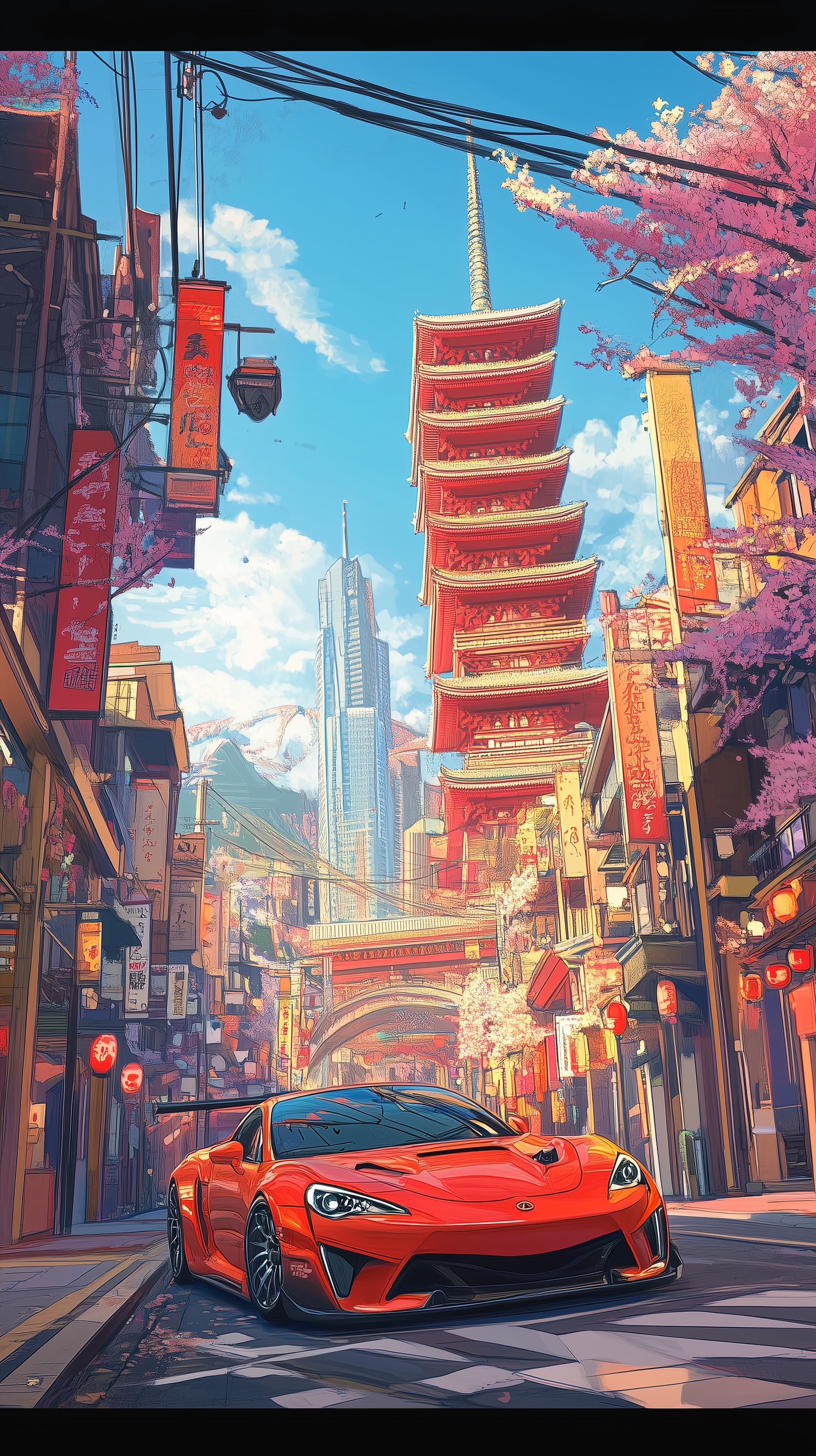 Vibrant Urban Street Scene with Red Sports Car and Pagoda Skyline - High Resolution cherry-blossoms Wallpaper for Mobile and Desktop