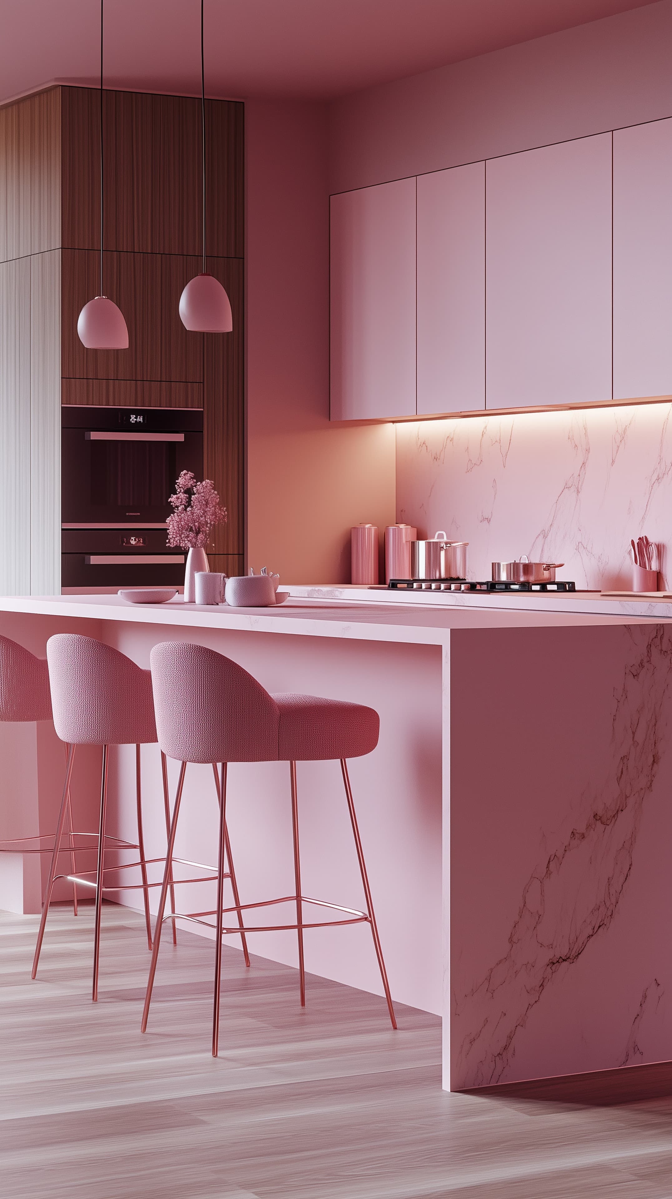Soft Pink Kitchen Interior with Marble Island and Bar Stools - High Resolution bar-stools Wallpaper for Mobile and Desktop