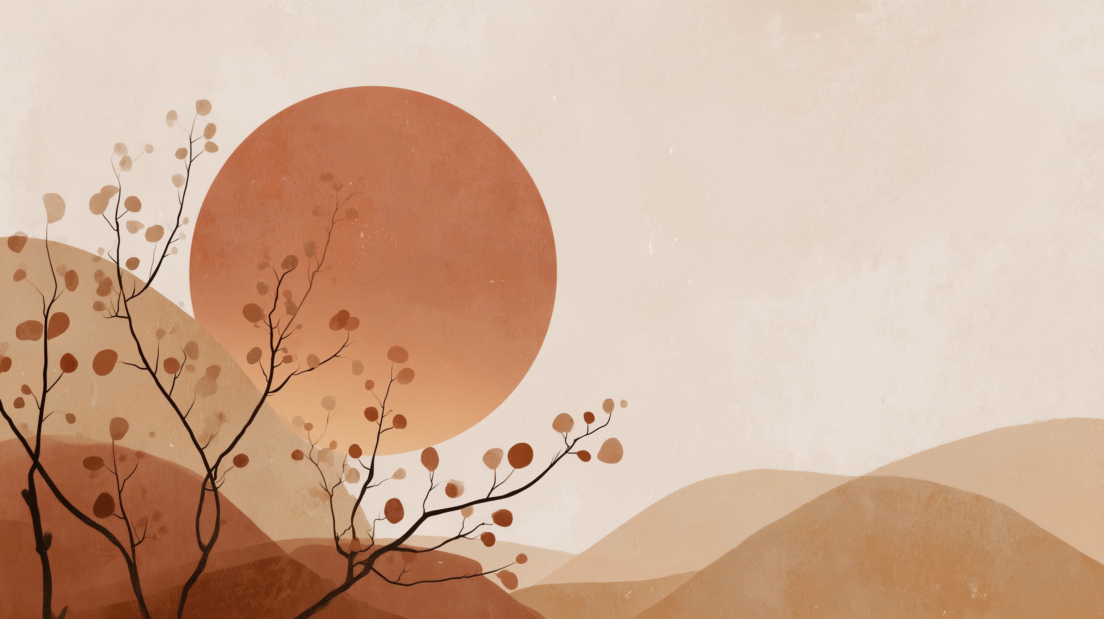 Warm Abstract Landscape Wallpaper with Sun and Branch Silhouettes - High Resolution abstract-art Wallpaper for Mobile and Desktop