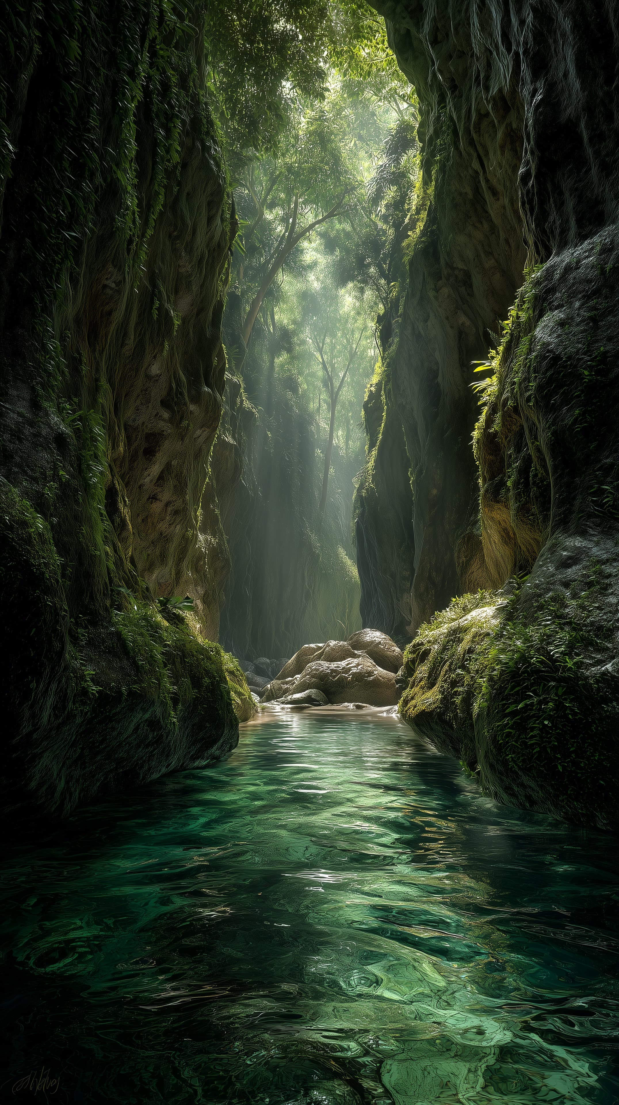 Emerald Canyon Waterway: Sunlit Jungle Gorge Scene - High Resolution canyon Wallpaper for Mobile and Desktop