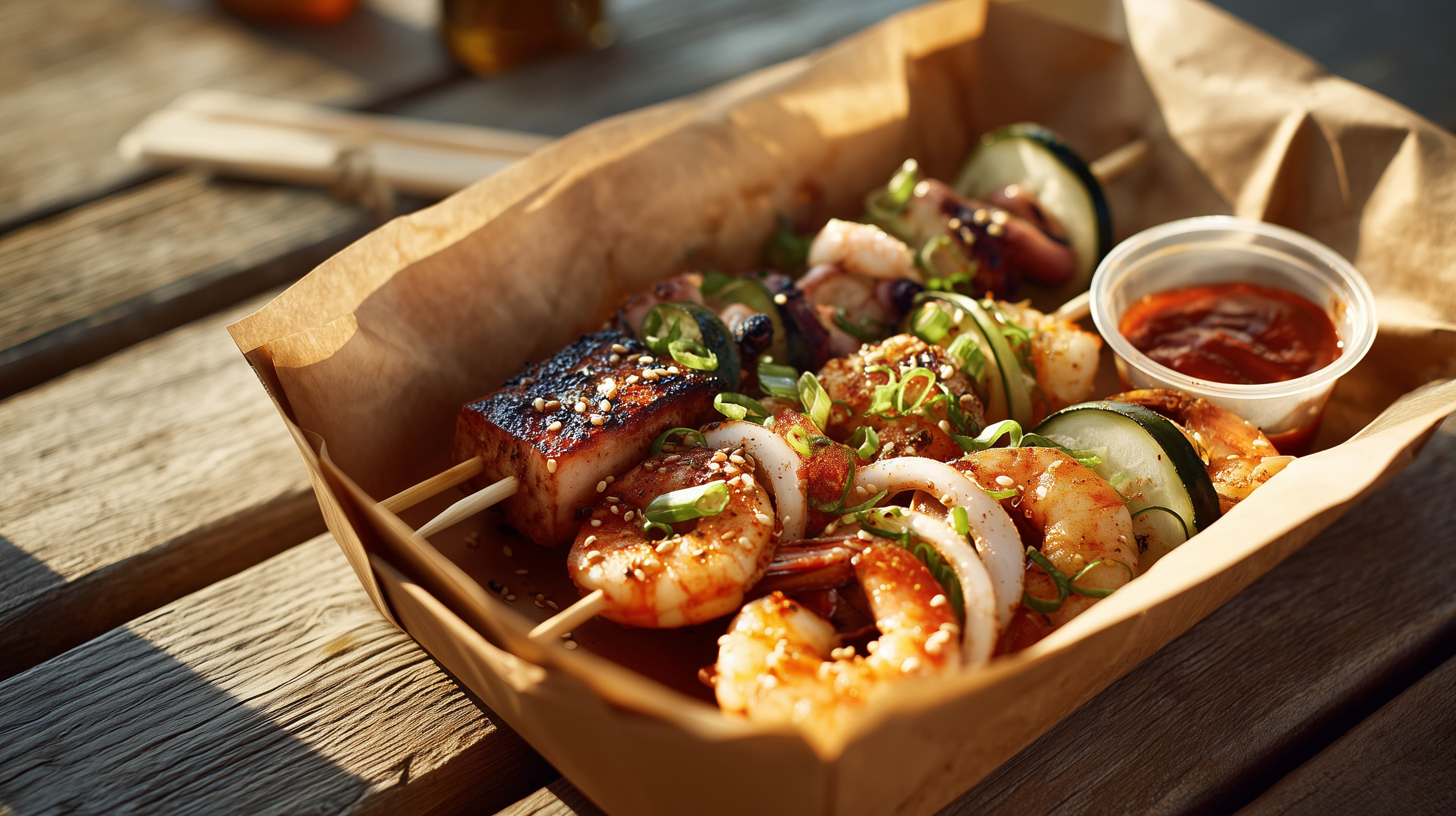 Grilled Seafood Skewers with Veggies on Rustic Paper Tray - High Resolution grilled-food Wallpaper for Mobile and Desktop