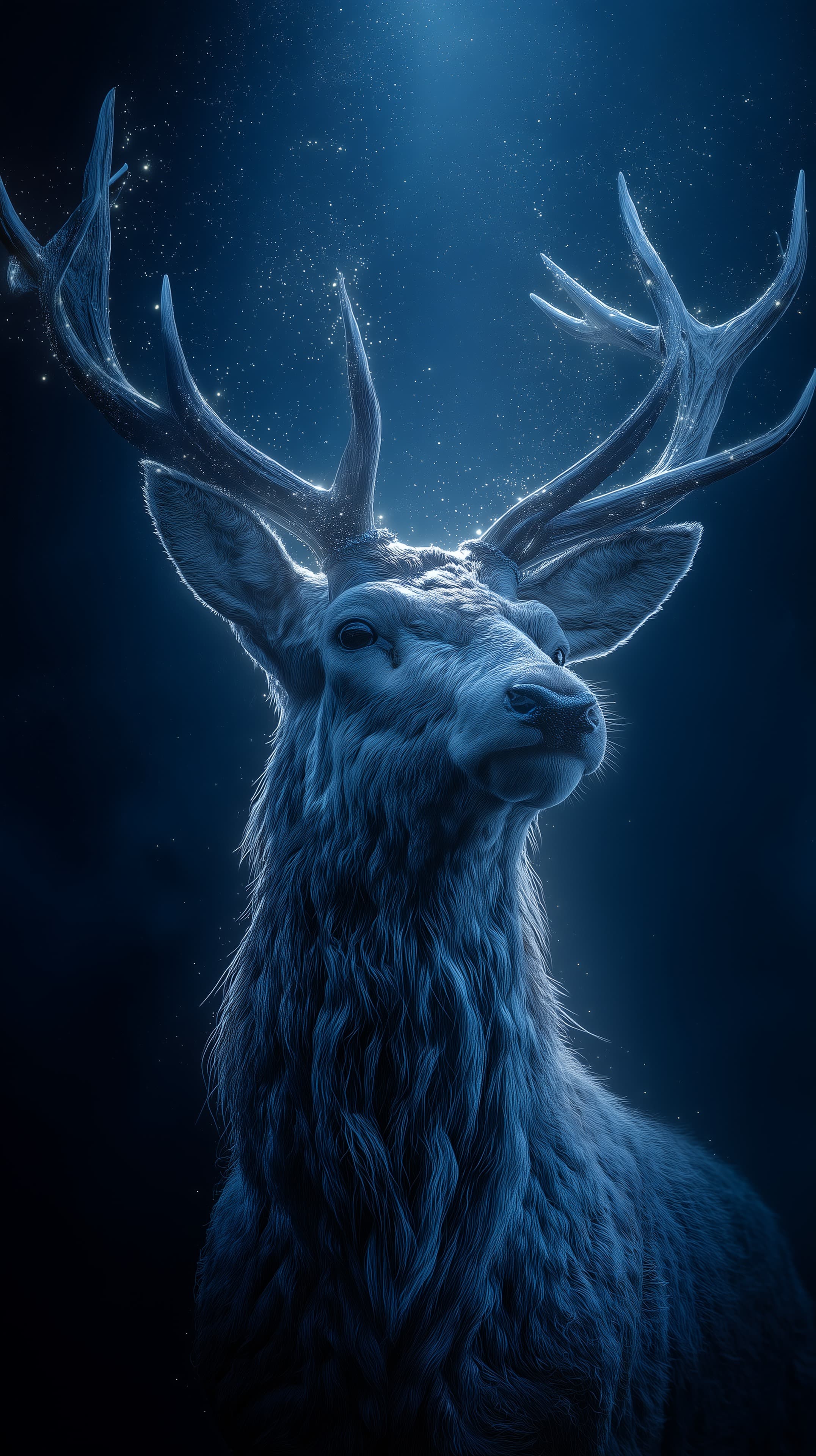 Mystic Blue Stag in Cosmic Night Fantasy Wallpaper - Digital Artwork - High Resolution blue-deer Wallpaper for Mobile and Desktop