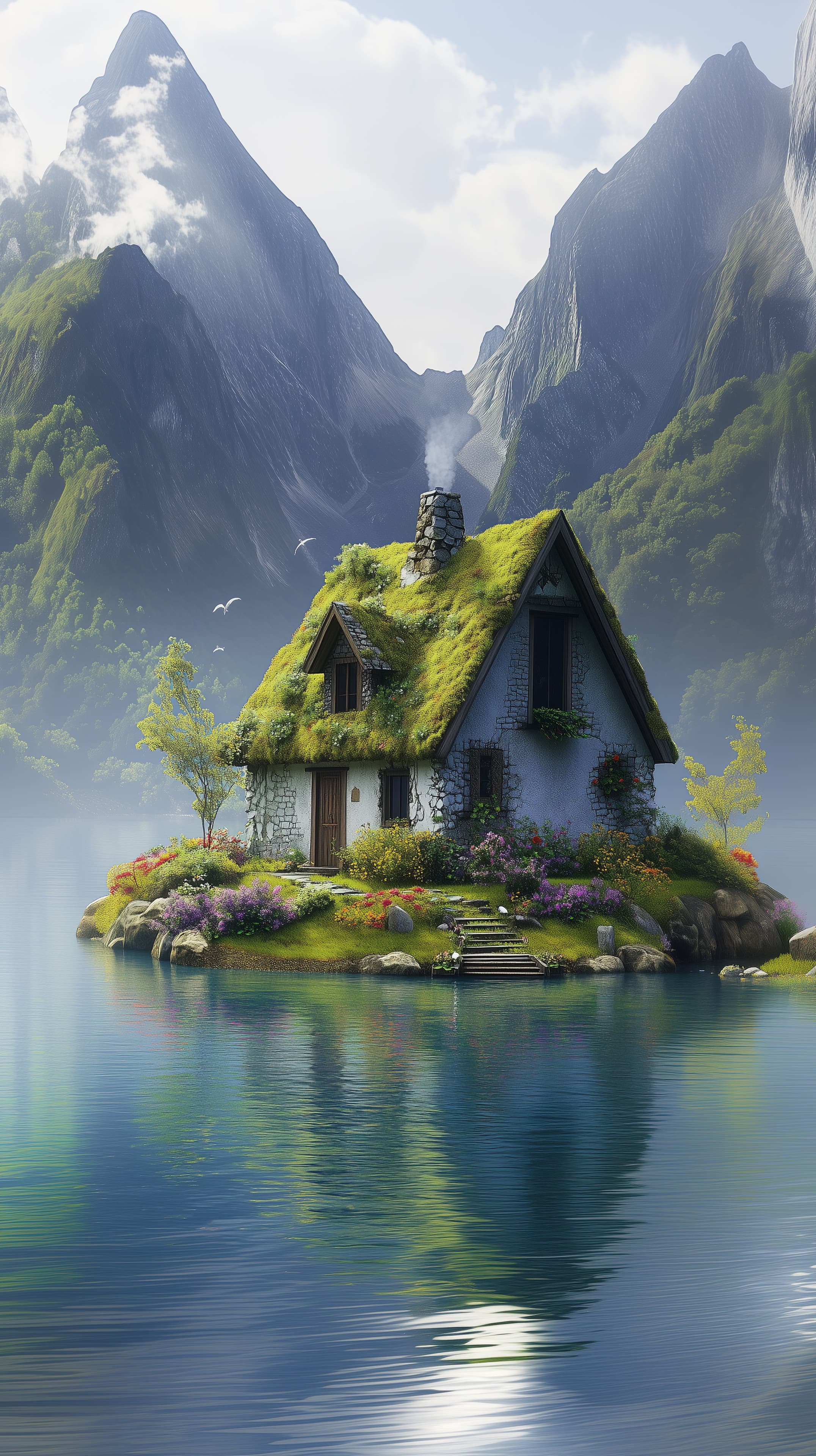 Whimsical Green-Roof Cottage on a Mountain Lake Island - High Resolution calm-water-reflection Wallpaper for Mobile and Desktop