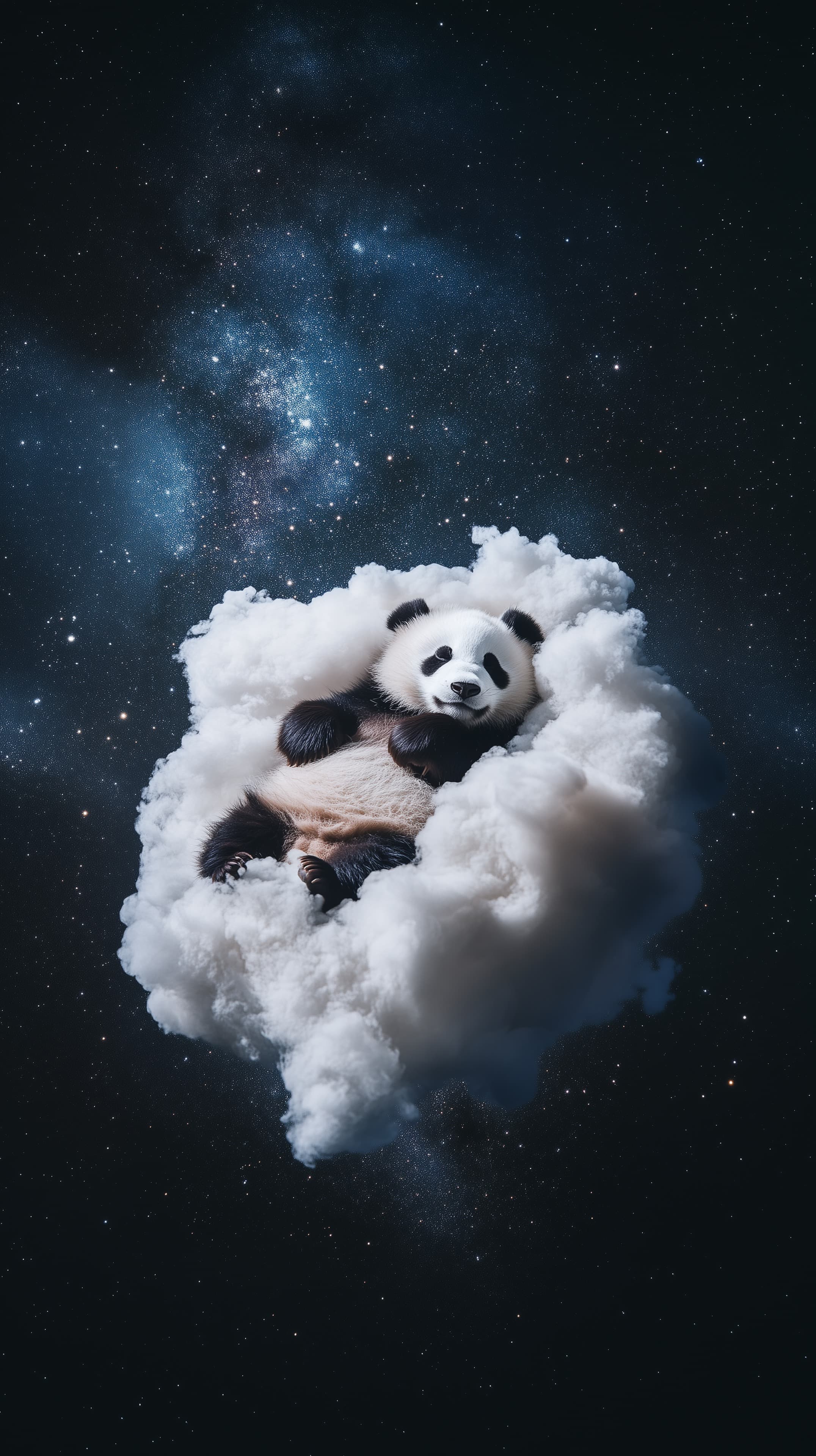 Dreamy Panda Floating on a Cloud in a Starry Night Space Scene - High Resolution cloud Wallpaper for Mobile and Desktop