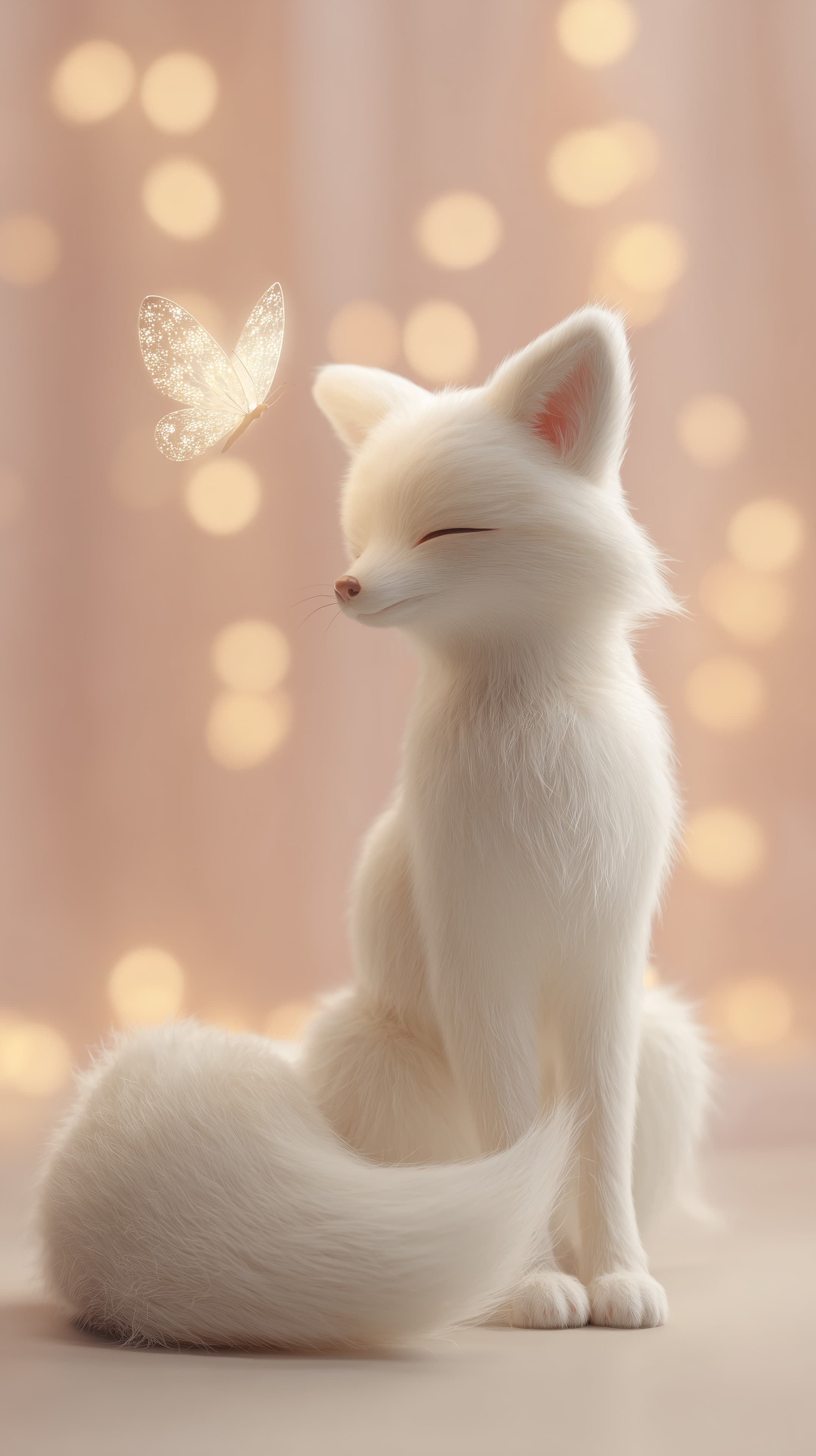 Soft White Cat with Glowing Butterfly – Dreamy Bokeh Wallpaper - High Resolution bokeh Wallpaper for Mobile and Desktop