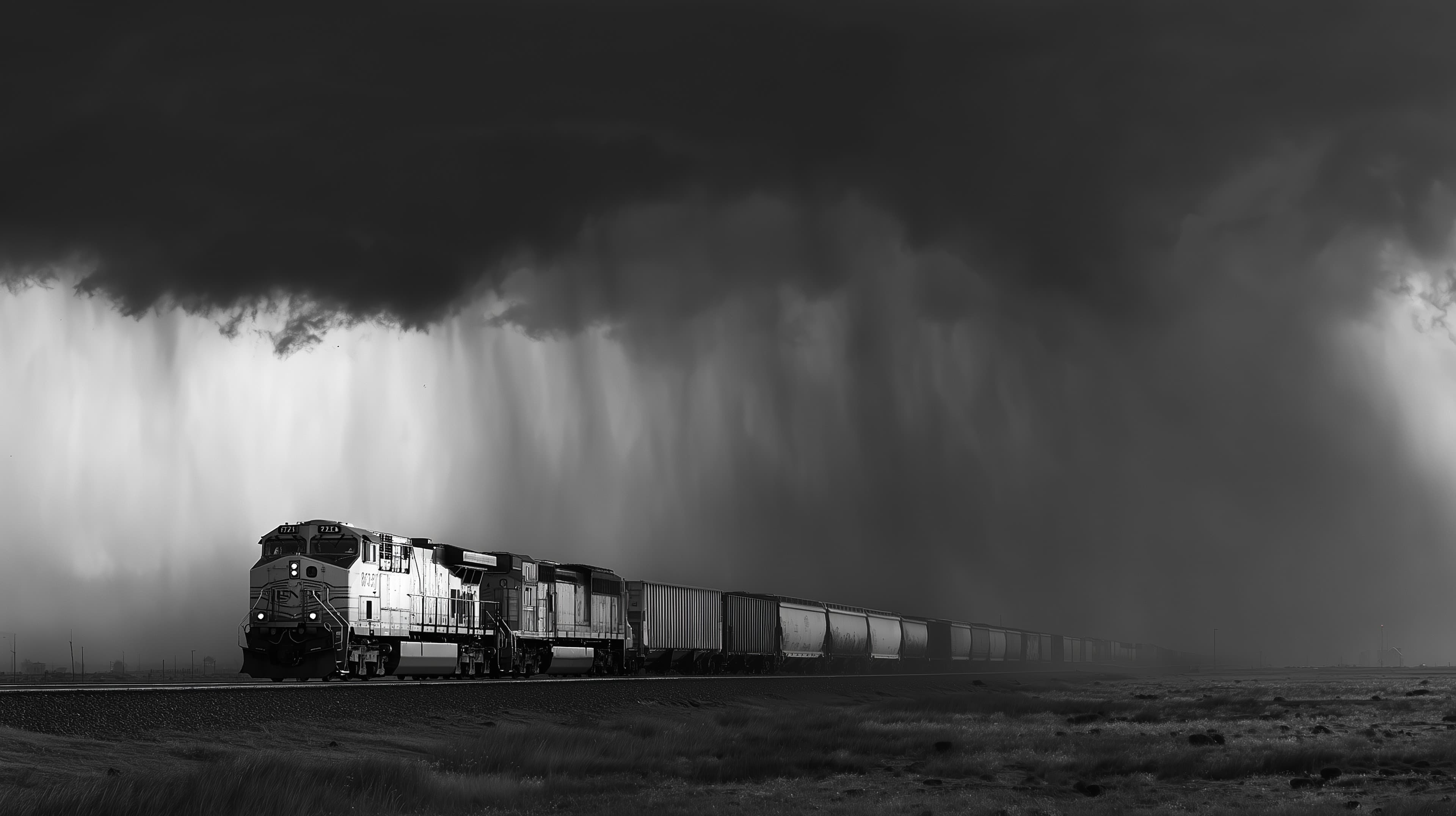 Monochrome Freight Train Under a Dramatic Stormy Sky - High Resolution black-and-white Wallpaper for Mobile and Desktop