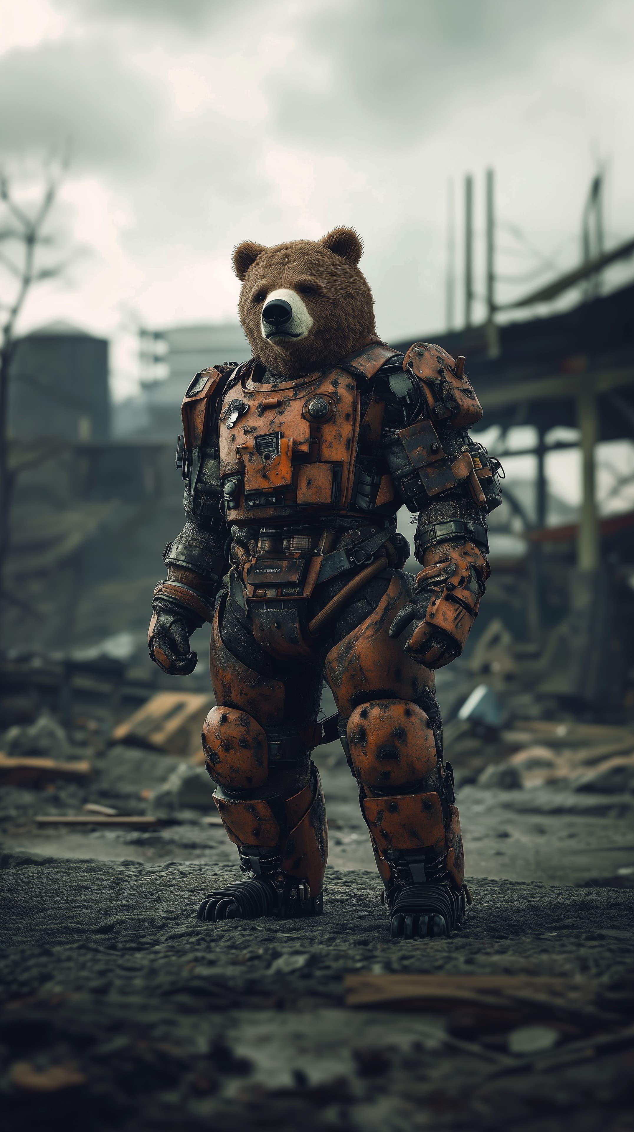 Bear in Heavy Orange Armor Exosuit in Post-Apocalyptic Ruins - High Resolution armor Wallpaper for Mobile and Desktop