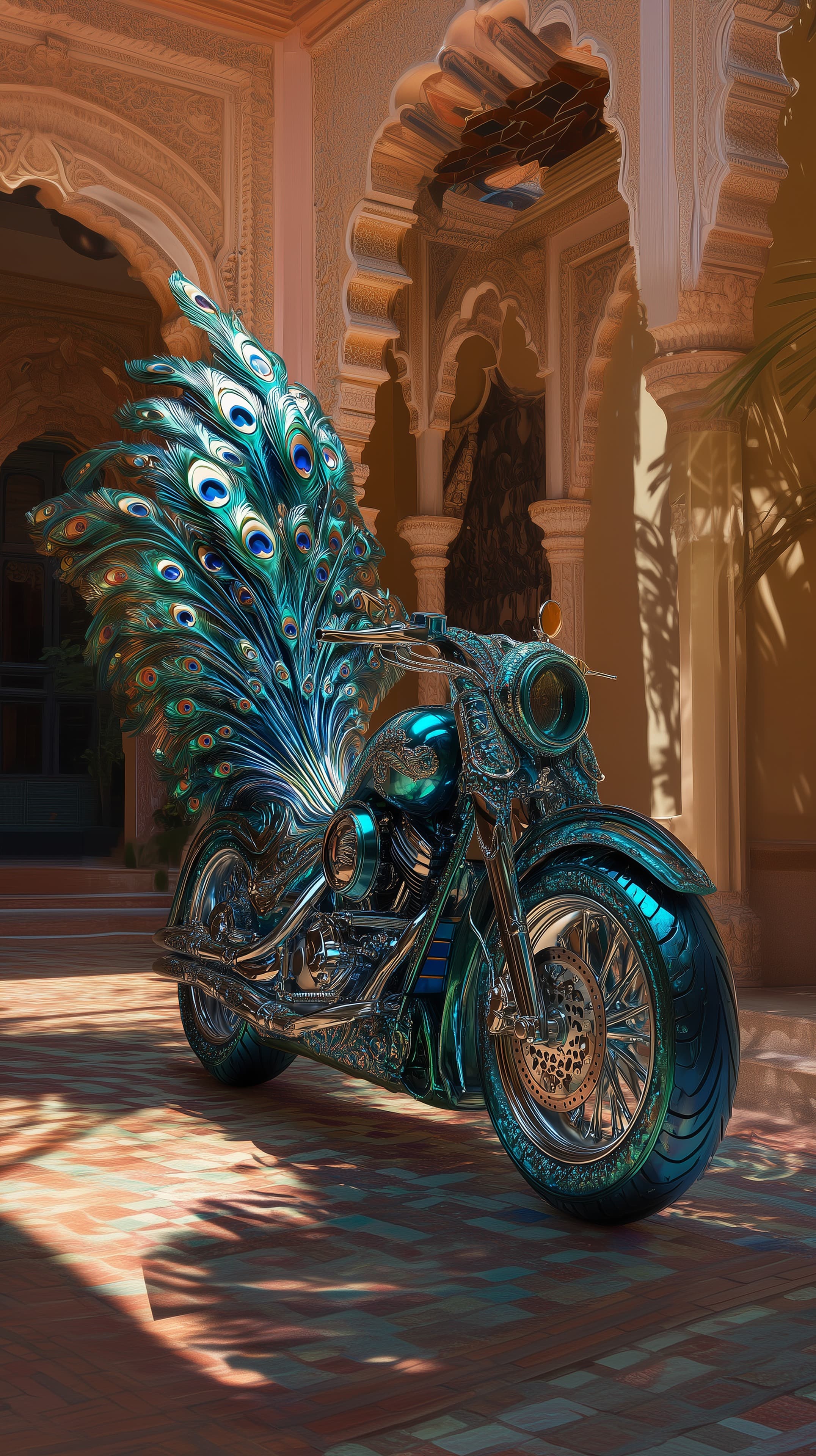 Turquoise Peacock-Feather Motorcycle in Ornate Courtyard - High Resolution chrome-motorcycle Wallpaper for Mobile and Desktop