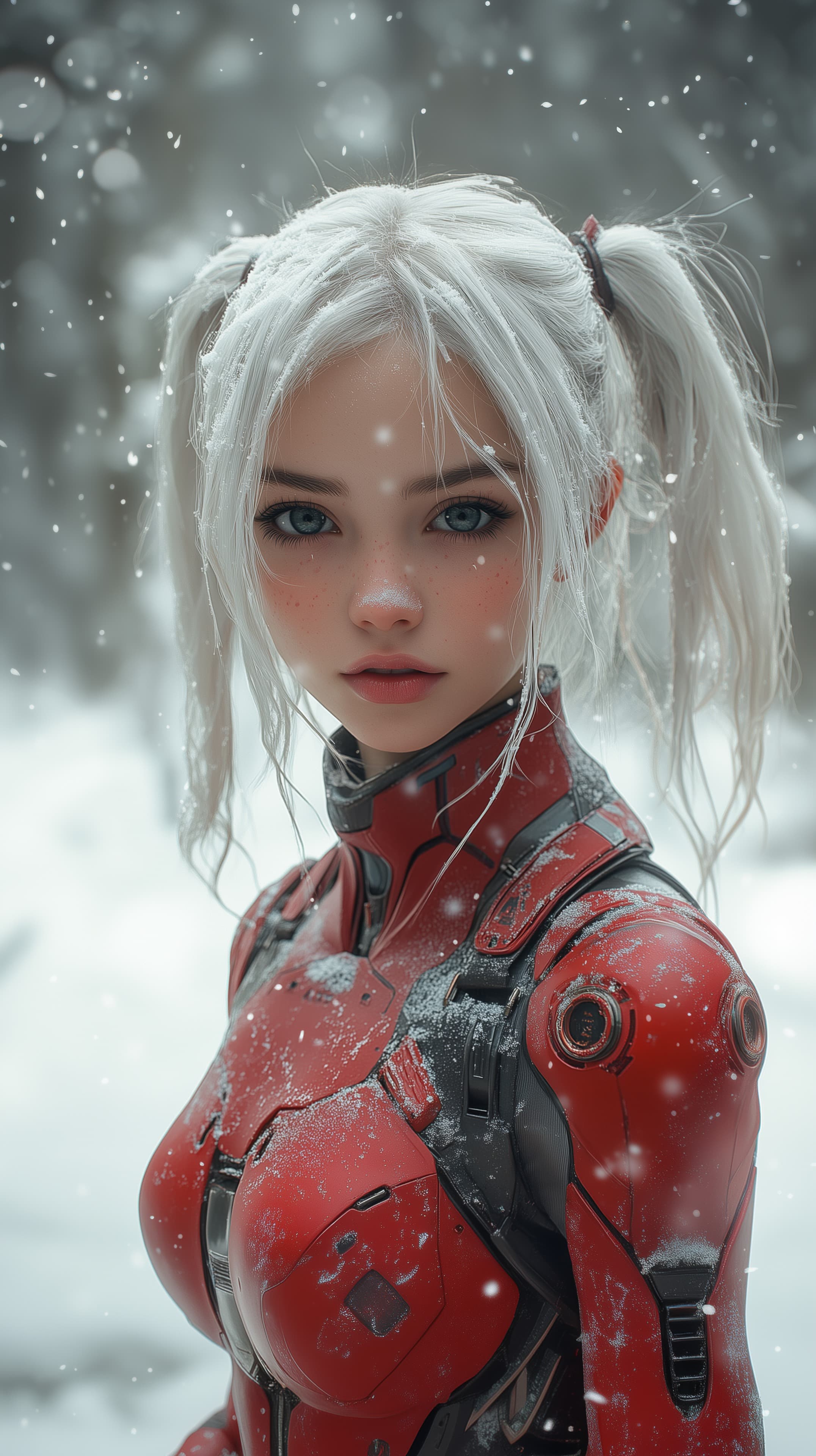 Winter Snow Portrait of a Red Exosuit Warrior in Frost - High Resolution armor-texture Wallpaper for Mobile and Desktop
