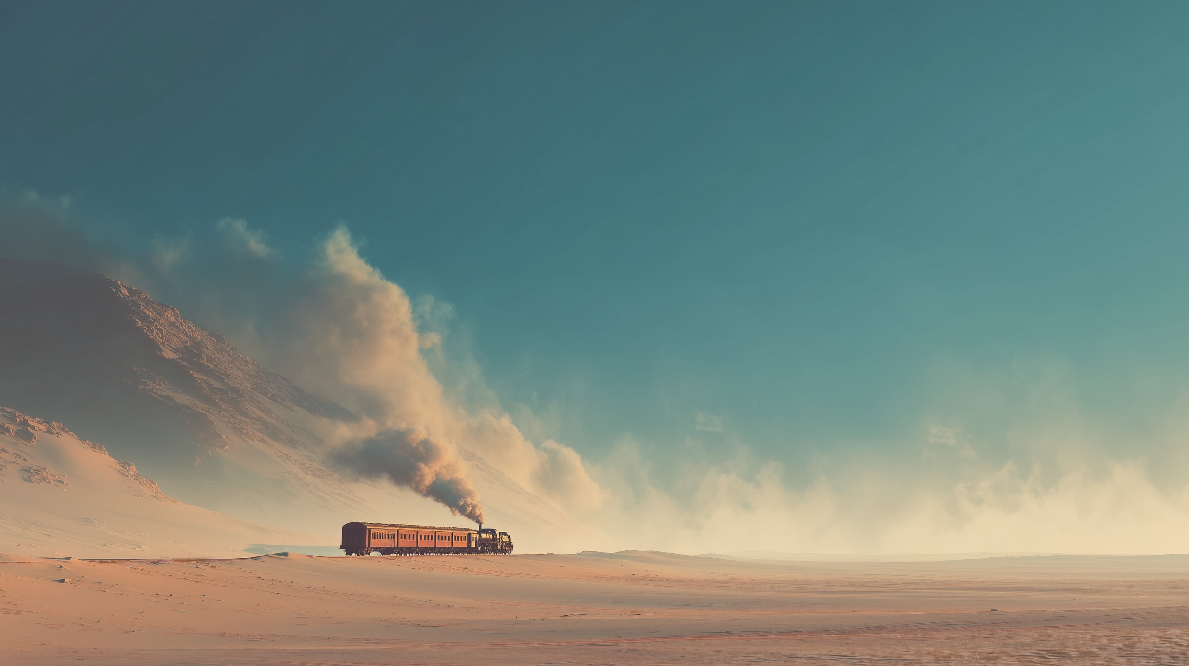 Desert Dawn: Vintage Steam Train Crossing a Vast Horizon - High Resolution cinematic-sky Wallpaper for Mobile and Desktop