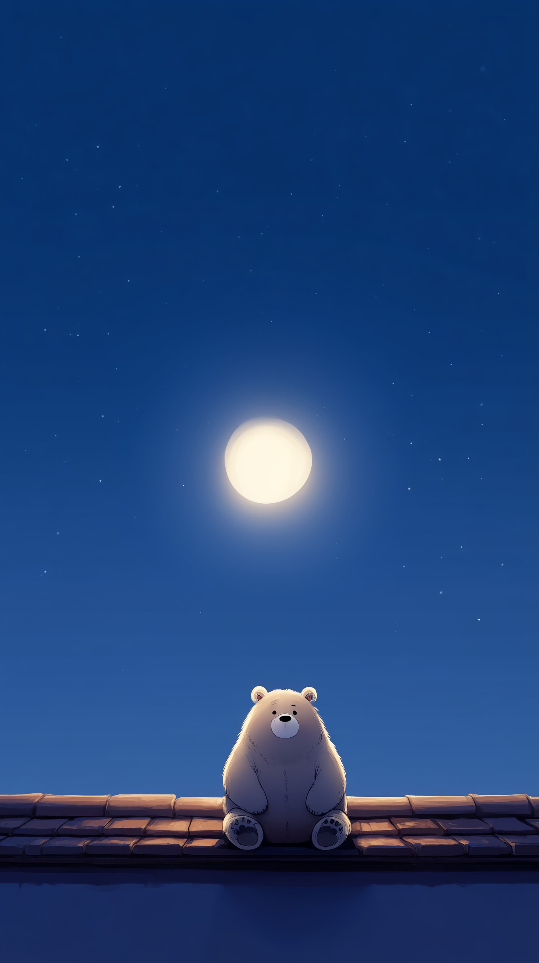 Moonlit Night Bear on Rooftop - Cute Cartoon Wallpaper - High Resolution bear Wallpaper for Mobile and Desktop