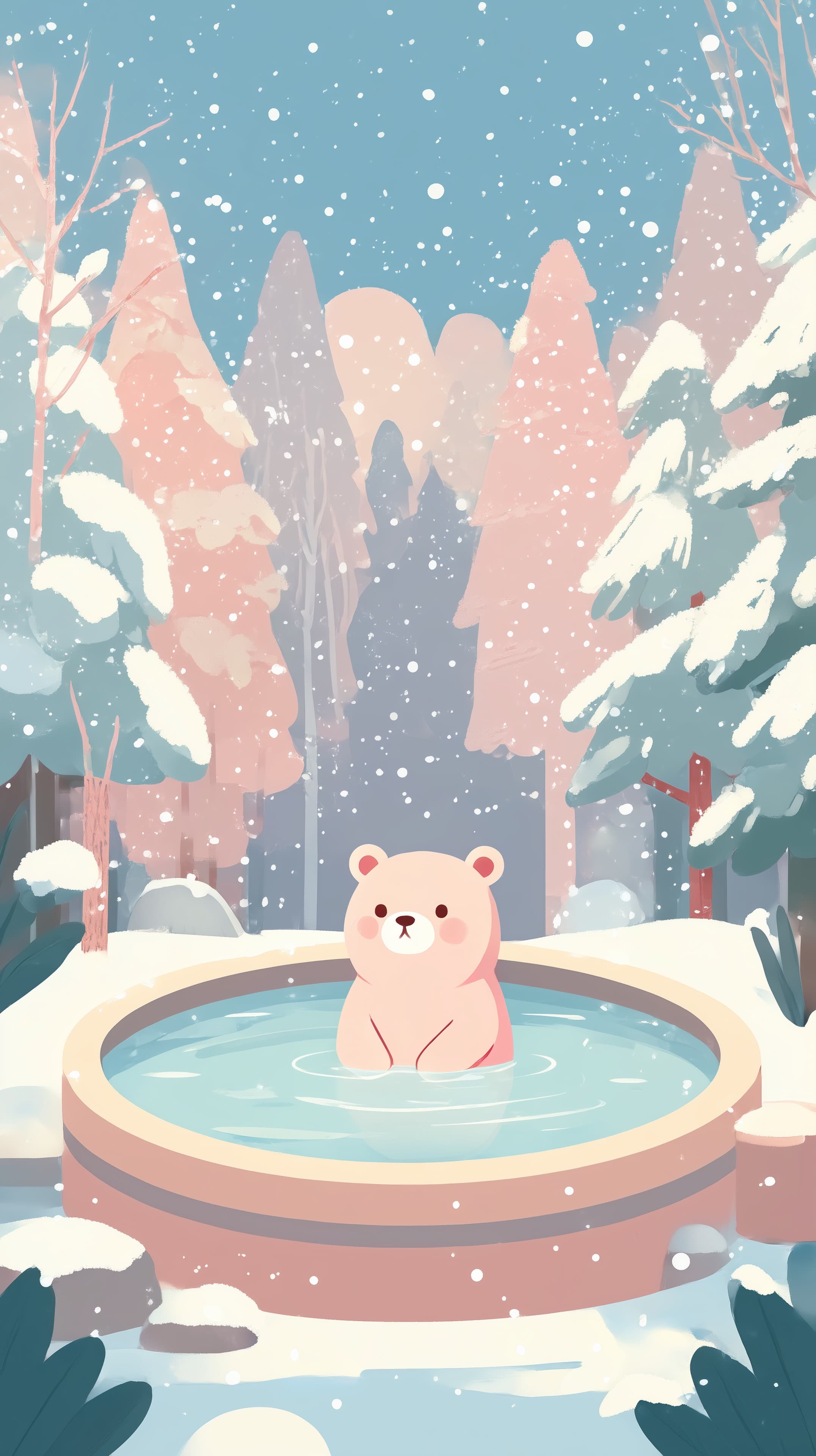 Pastel Winter Bear in Cozy Snowy Spa Scene for Desktop Wallpaper - High Resolution bear-illustration Wallpaper for Mobile and Desktop