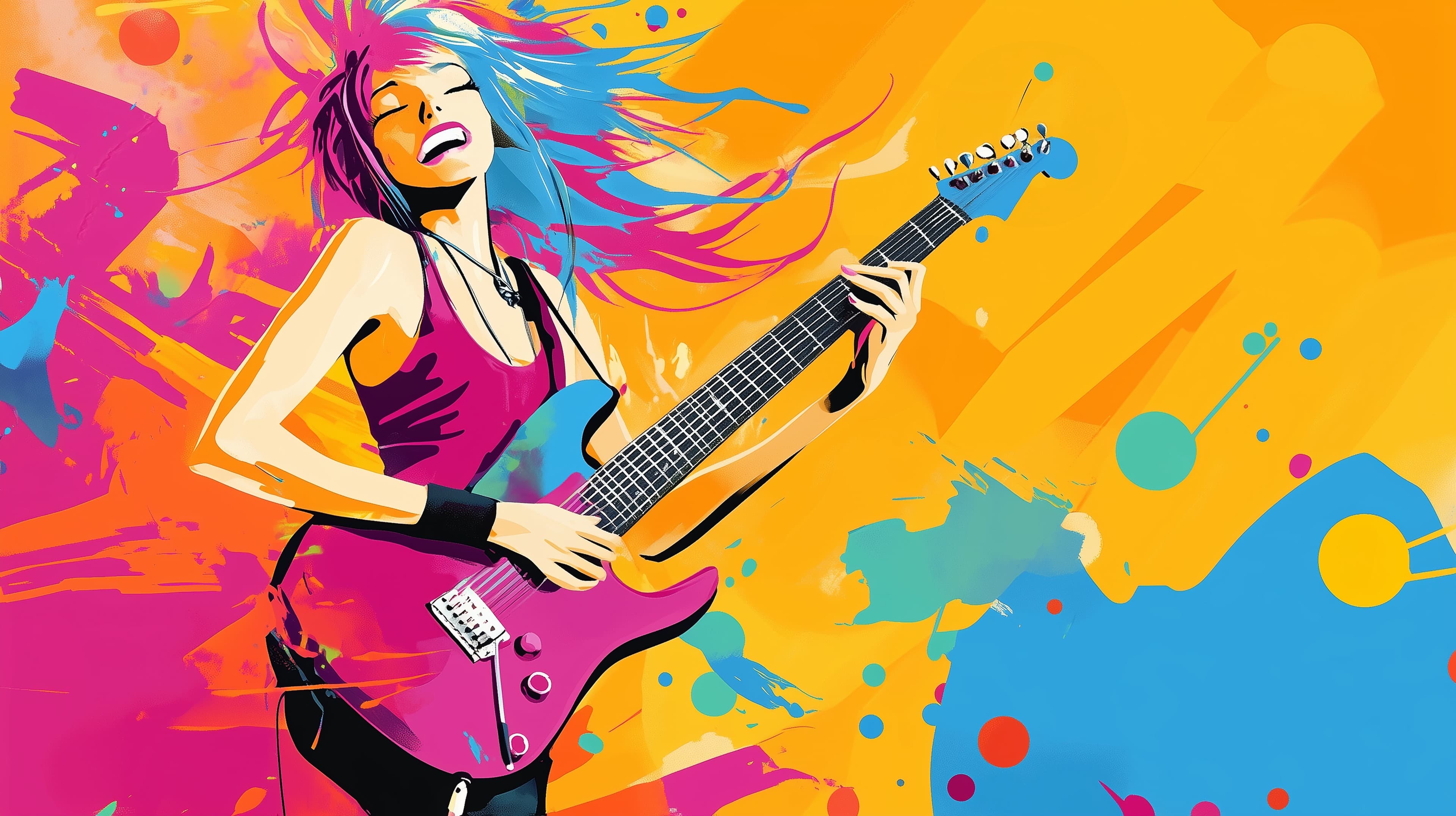 Vibrant Colorful Rock Guitarist Wall Art Illustration - High Resolution female-musician Wallpaper for Mobile and Desktop