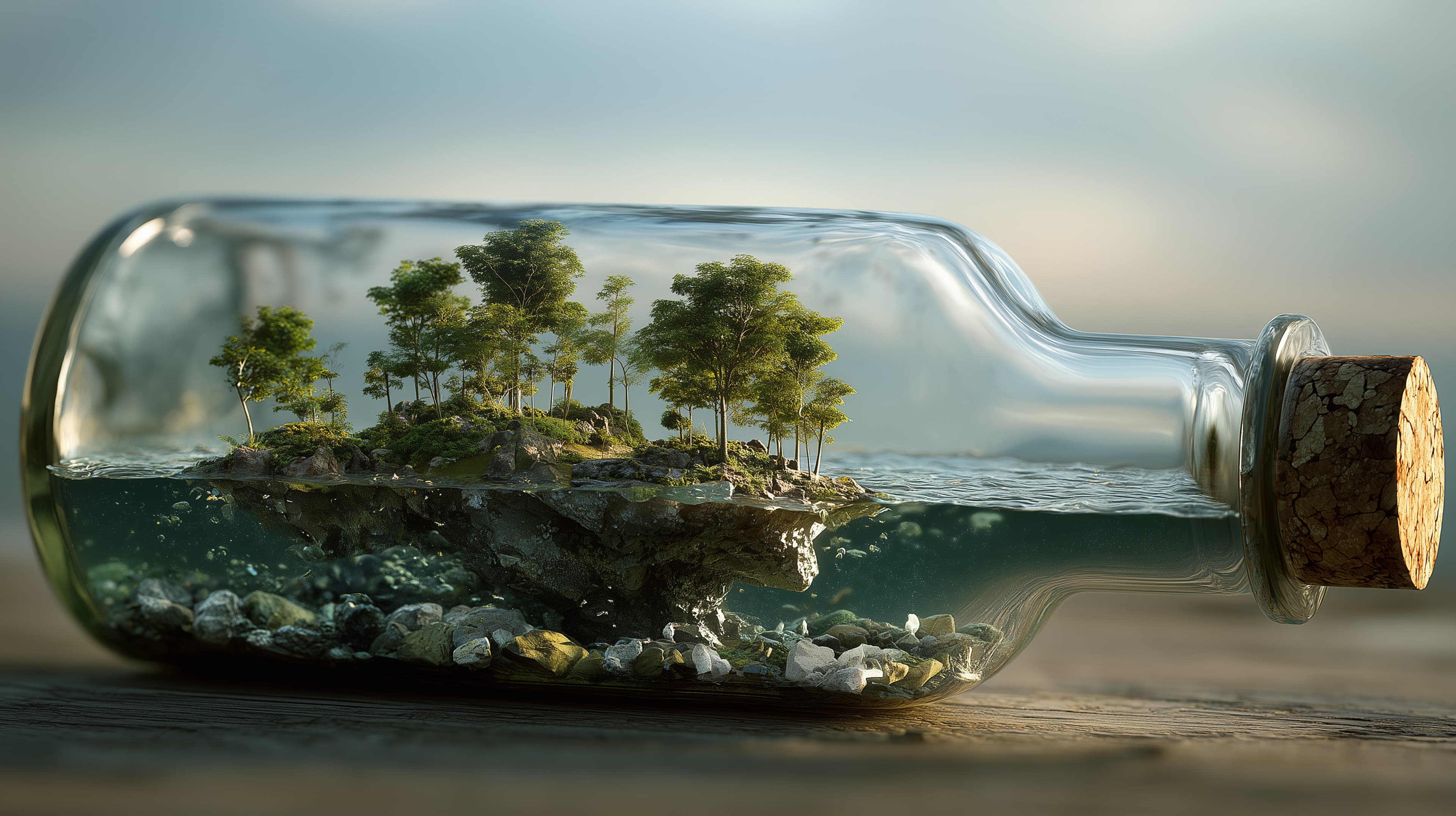 Miniature Island in a Glass Bottle - Surreal Nature Scene - High Resolution calm-water Wallpaper for Mobile and Desktop