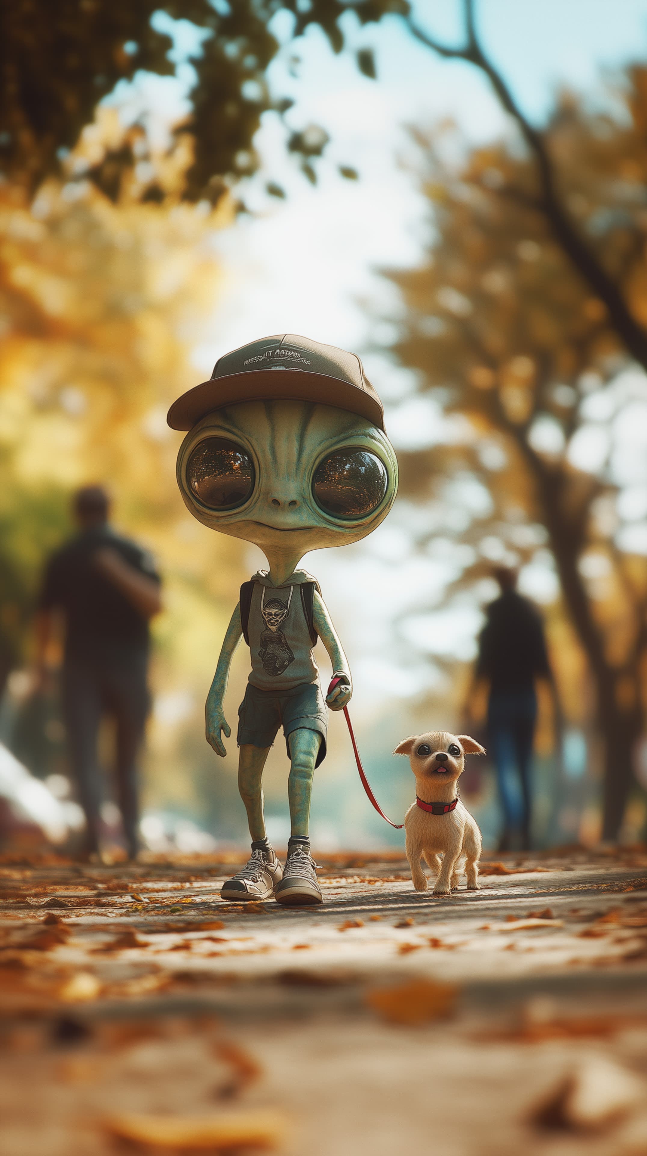 Whimsical Alien Walker with Tiny Dog on Autumn Park Walk - High Resolution 3d Wallpaper for Mobile and Desktop