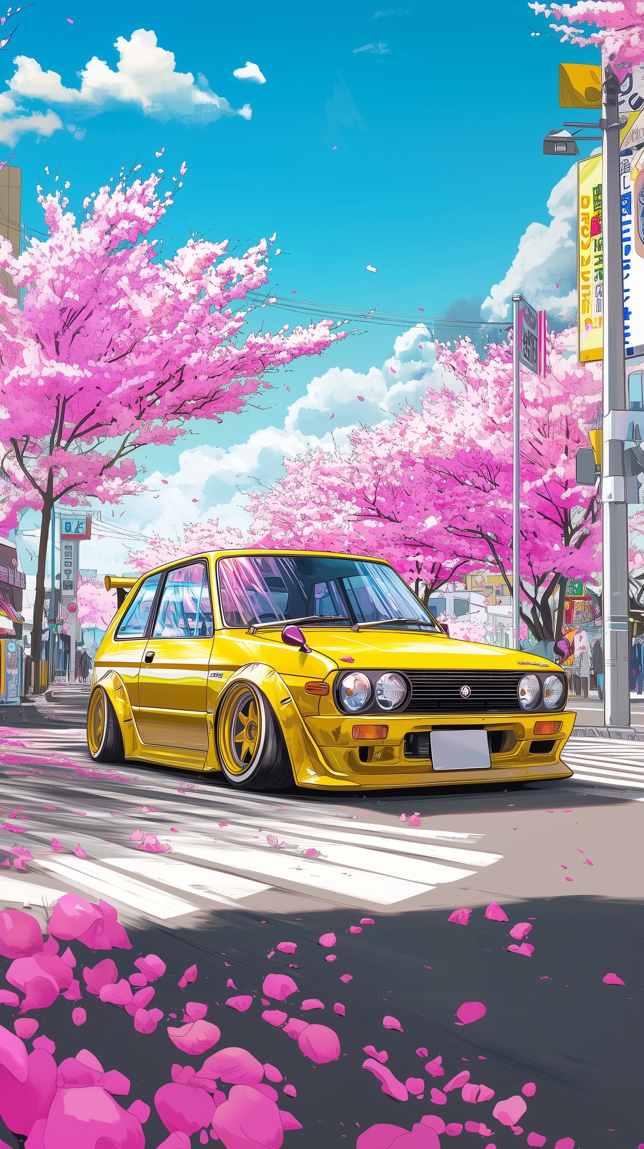 Vibrant Yellow Sports Car on Cherry Blossom City Street - High Resolution anime-art Wallpaper for Mobile and Desktop