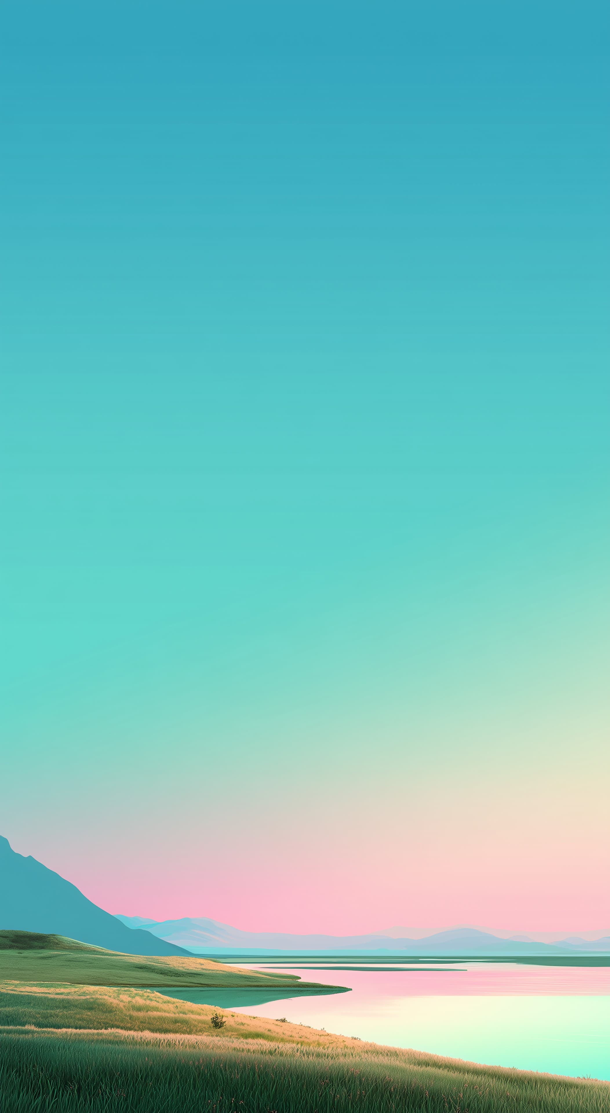 Tranquil Gradient Sky Over Lake and Grassland Landscape - High Resolution calm Wallpaper for Mobile and Desktop