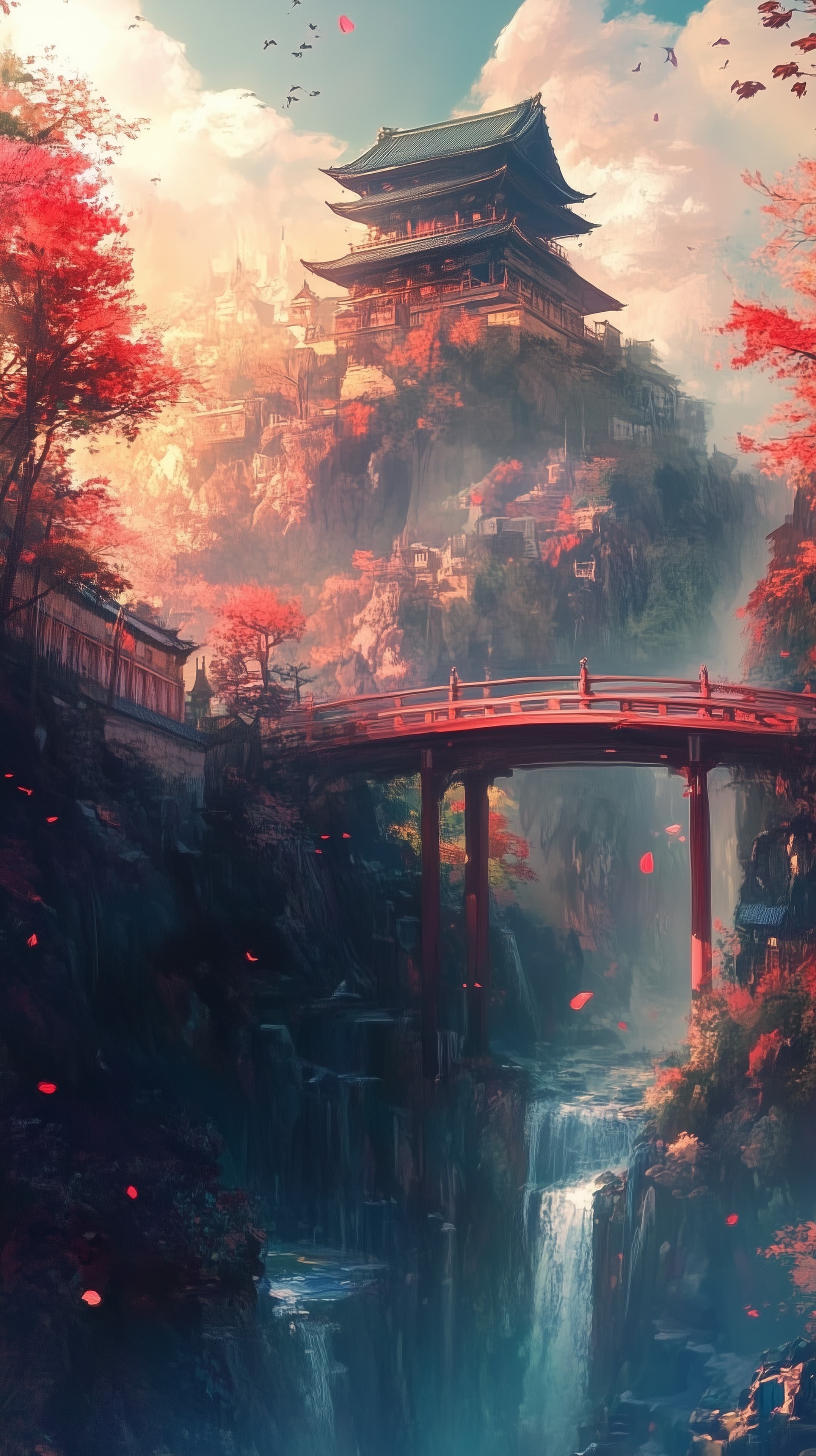 Dreamy Eastern Cliffscape with Tiered Temple and Bridge - High Resolution autumn-colors Wallpaper for Mobile and Desktop