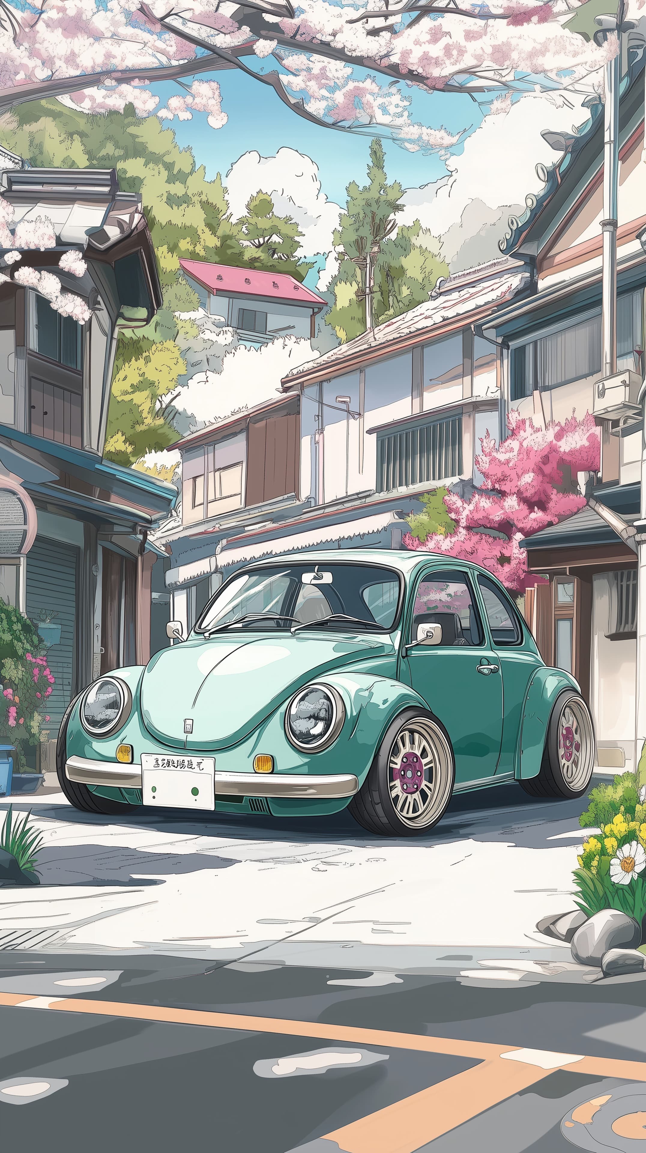 Pastel Vintage Car on a Cozy Cherry Blossom Street Scene - High Resolution anime-style Wallpaper for Mobile and Desktop