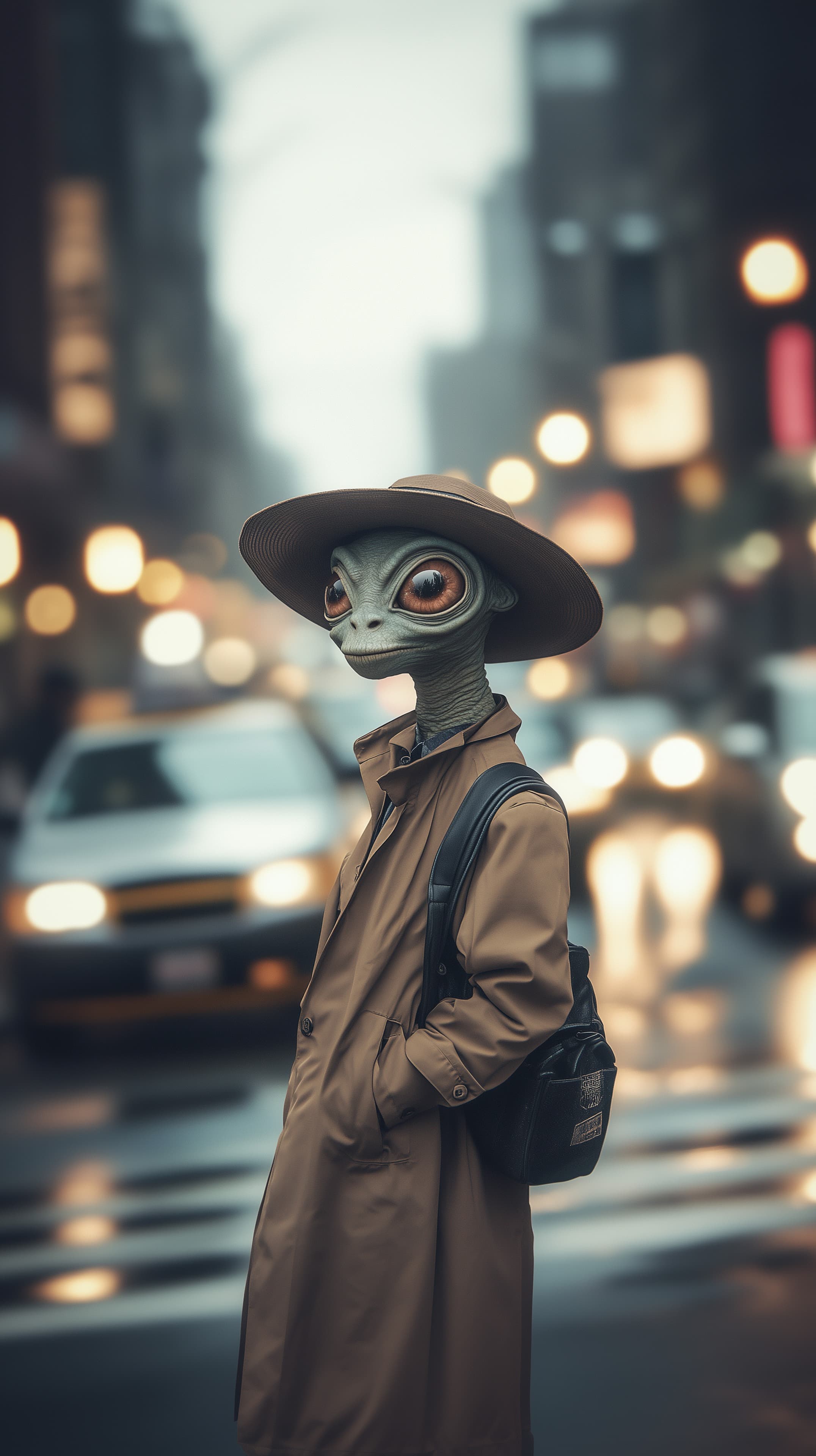 Mysterious alien in trench coat on rainy city street - High Resolution alien Wallpaper for Mobile and Desktop