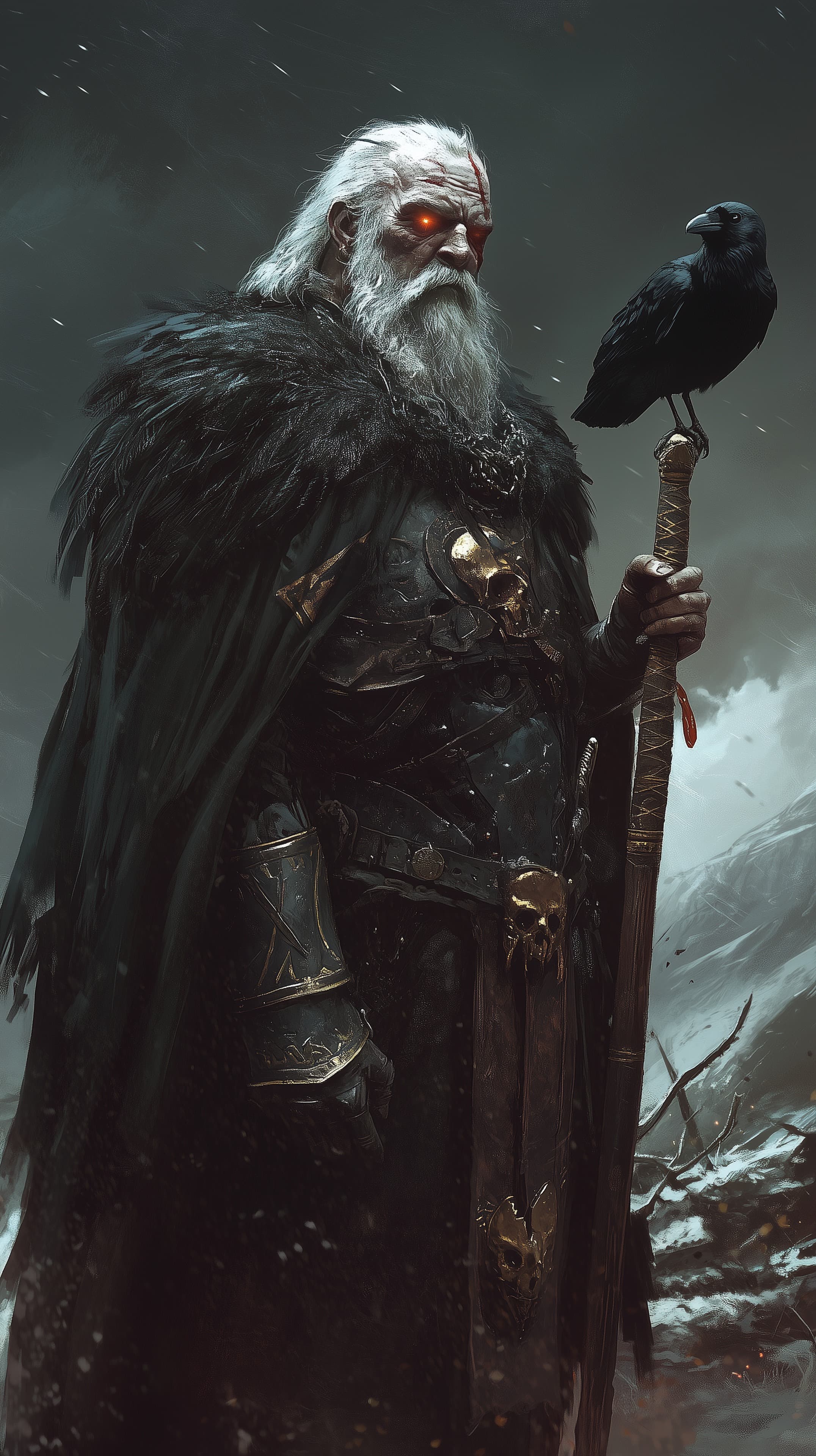 Ancient Dark Warlord with Raven on a Snowy Wooden Staff - High Resolution ancient-warrior Wallpaper for Mobile and Desktop