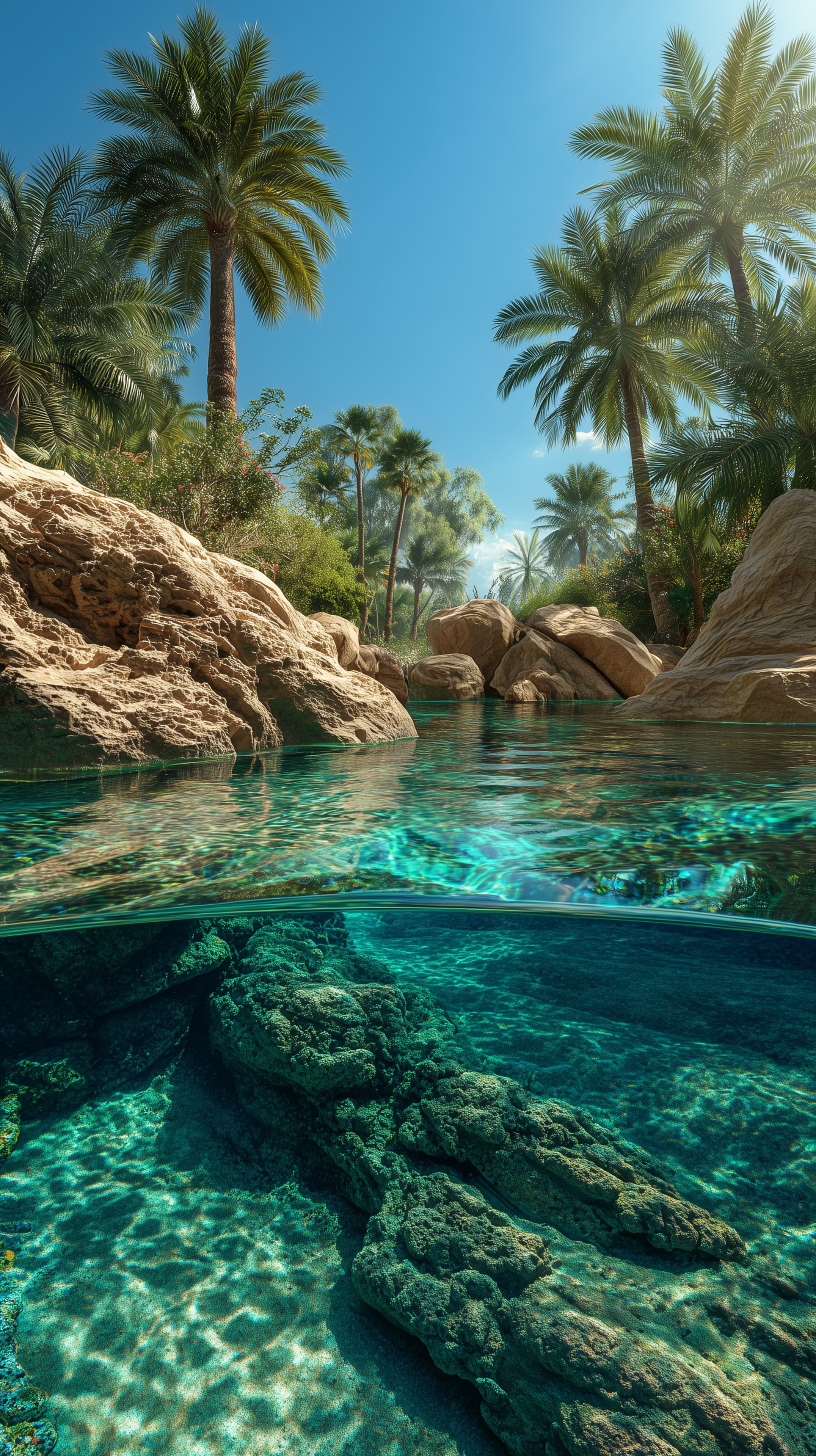 Tropical Oasis: Palm Fronds, Rocks and Crystal Water - High Resolution crystal-water Wallpaper for Mobile and Desktop