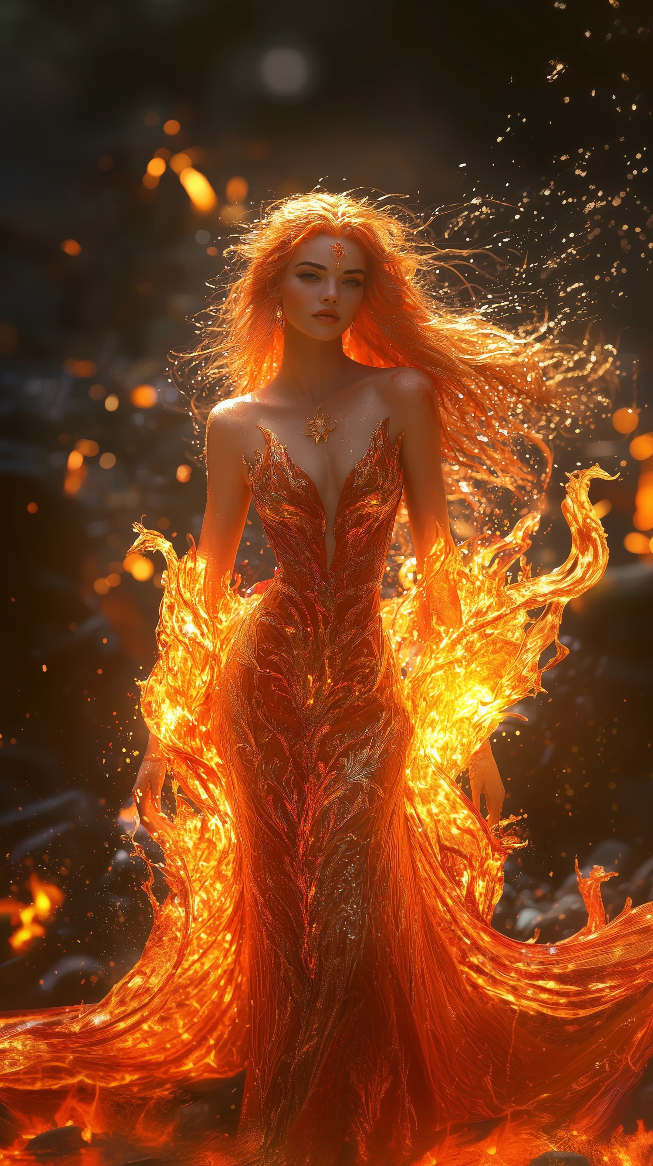 Fiery fantasy maiden in molten lava gown dramatic wallpaper - High Resolution digital-art Wallpaper for Mobile and Desktop