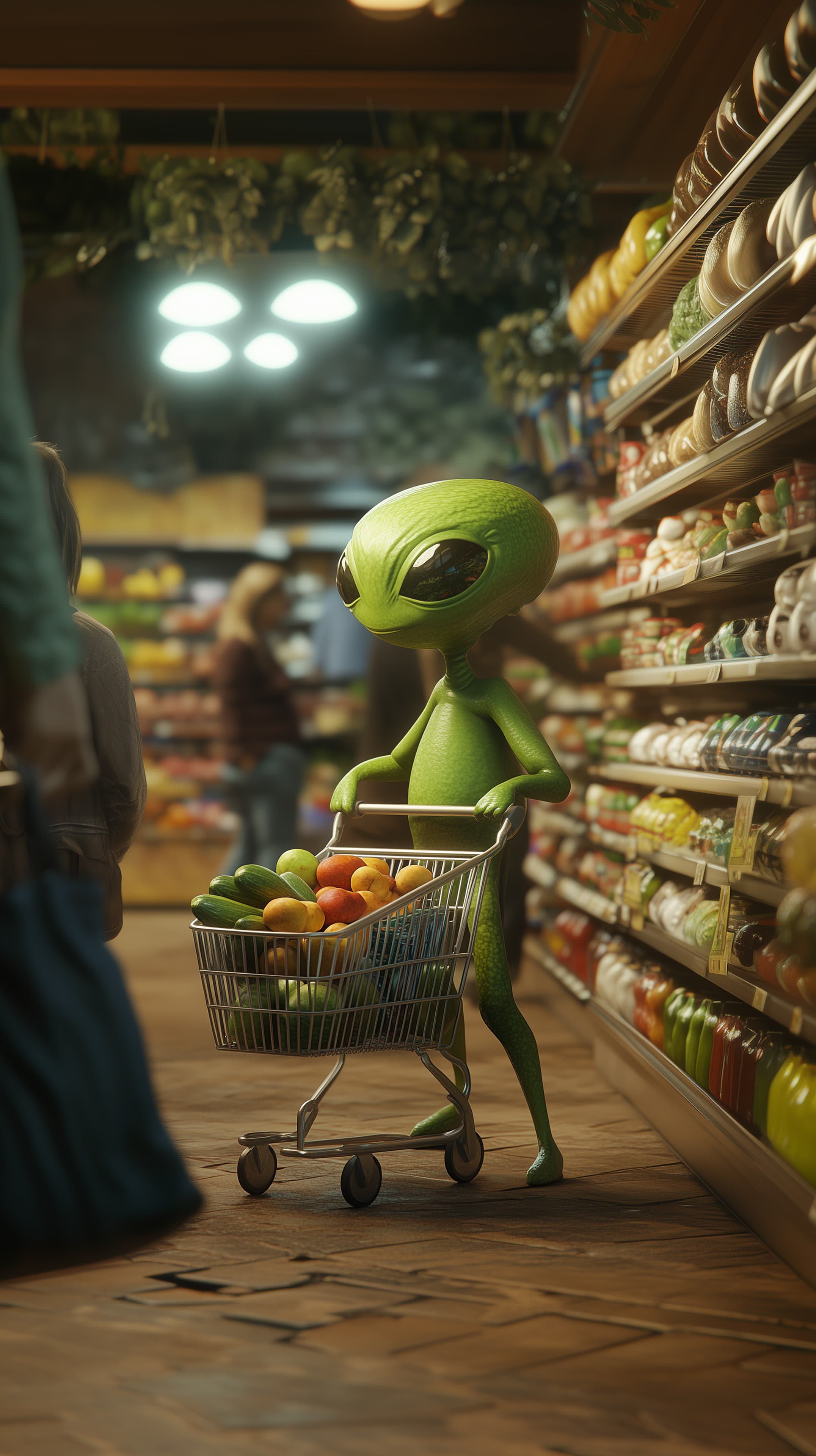 Whimsical Green Alien Shopping in Colorful Grocery Aisles - High Resolution alien Wallpaper for Mobile and Desktop