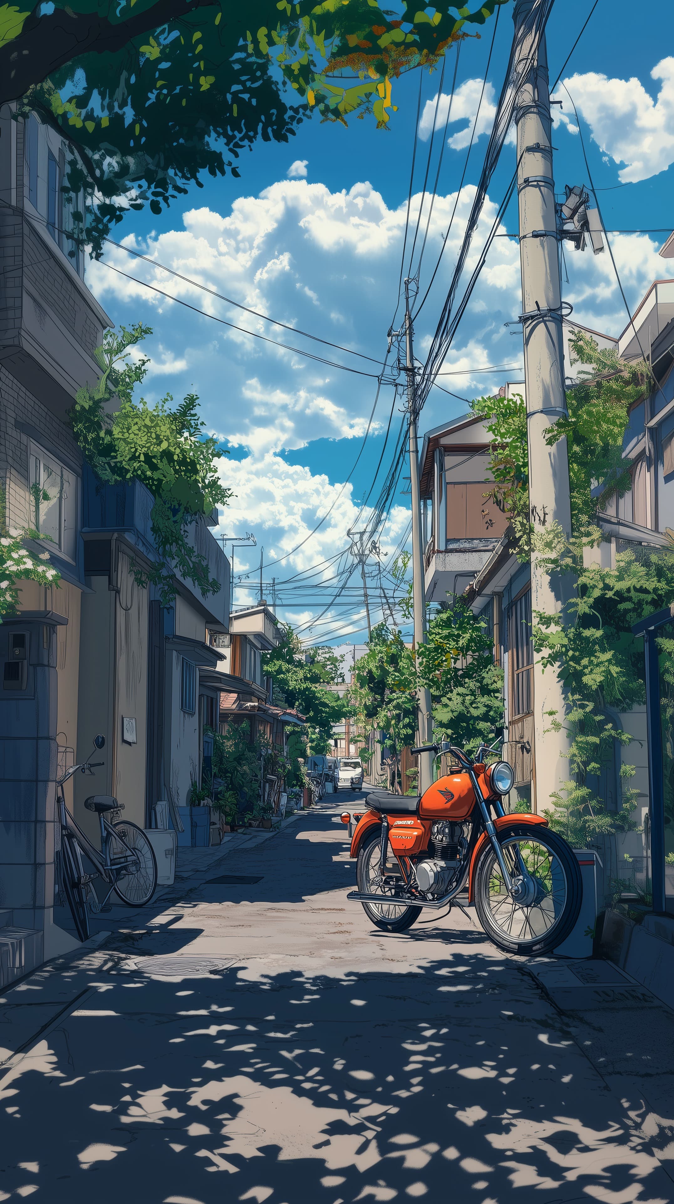 Anime-Style Urban Alley with Orange Motorcycle Wallpaper - High Resolution anime-inspired Wallpaper for Mobile and Desktop