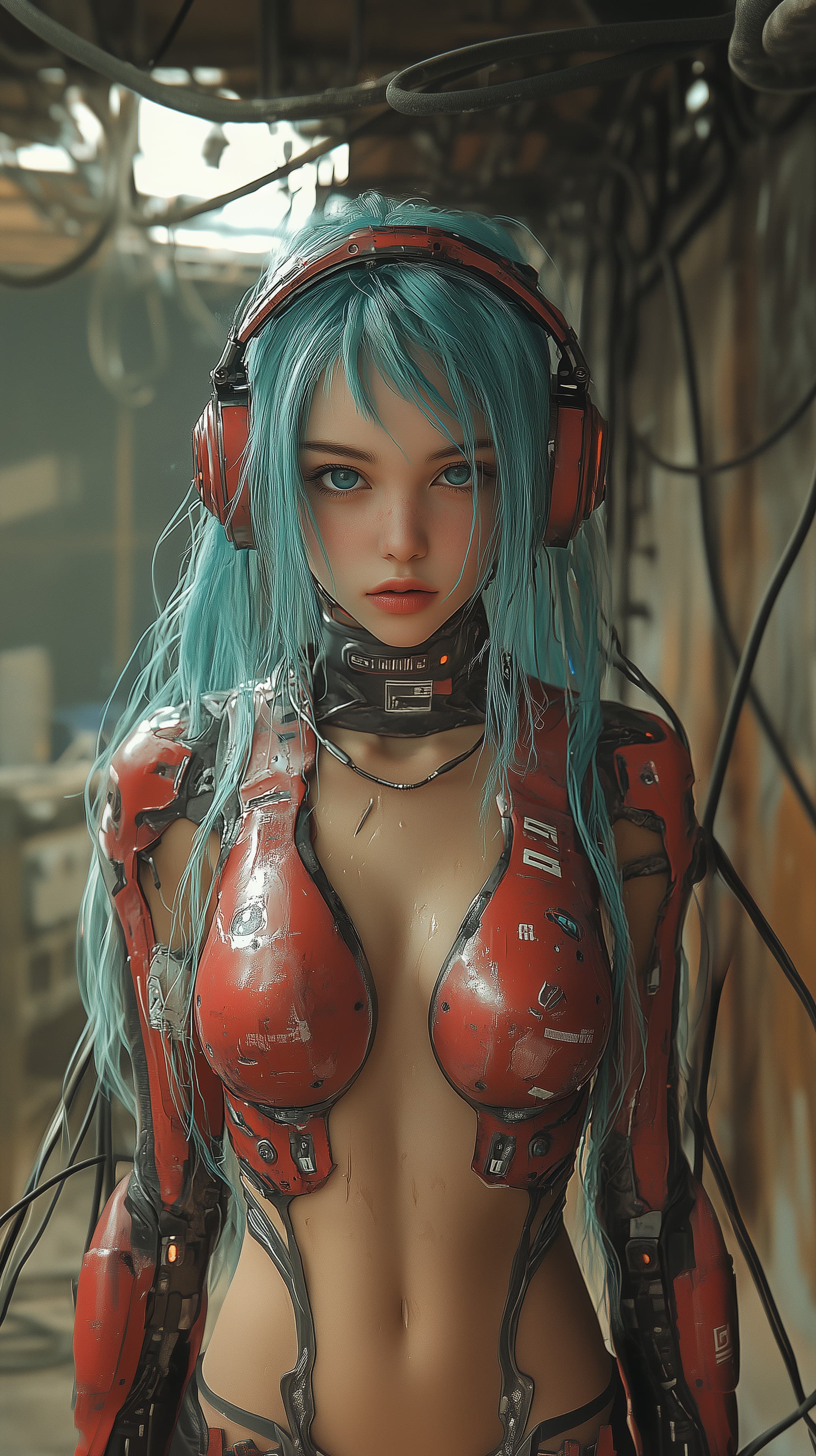 Cyberpunk Red Armor Cyborg with Teal Hair - Futuristic Wallpaper - High Resolution armor Wallpaper for Mobile and Desktop